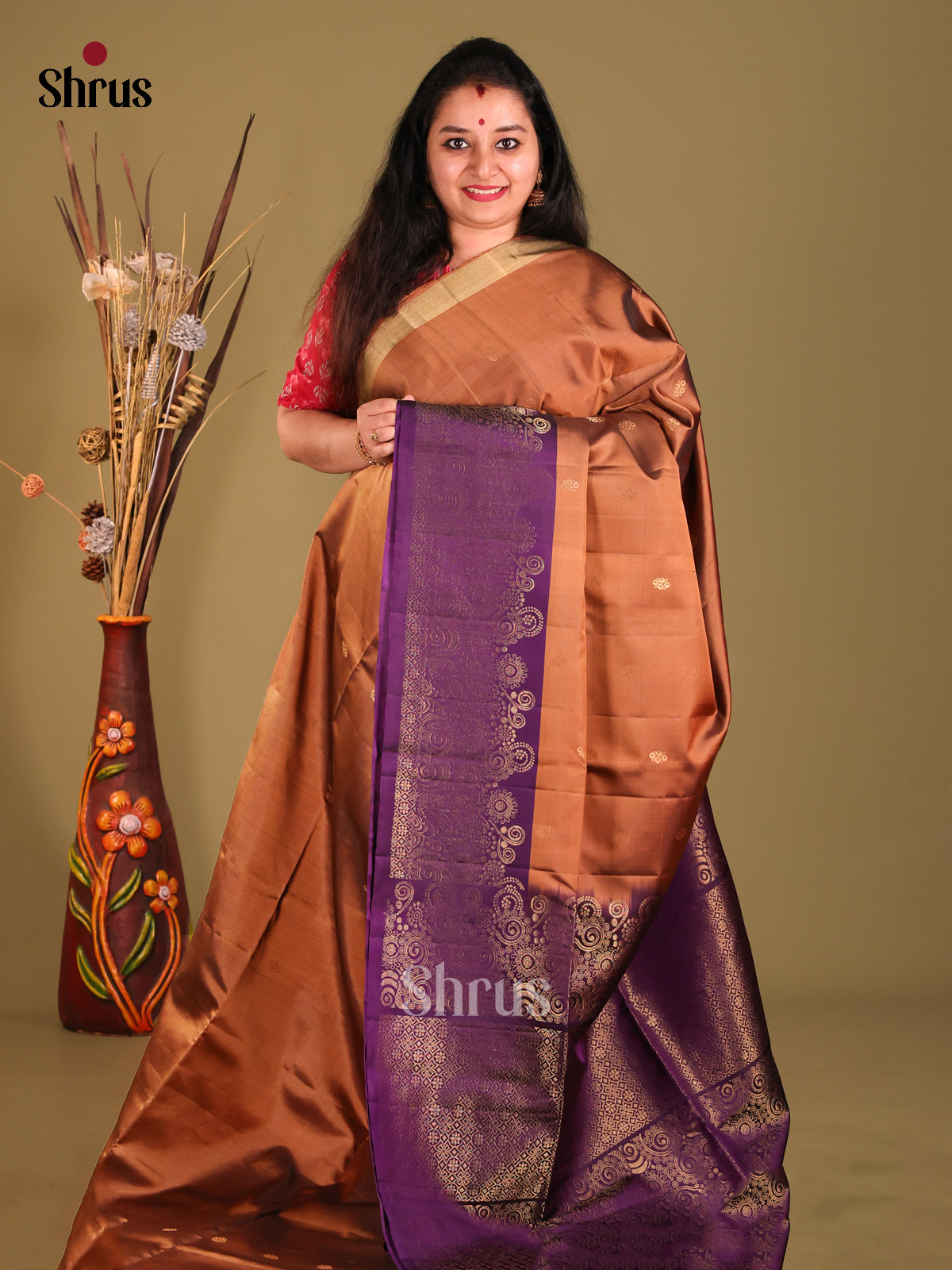 Brown & Violet Soft Silk Saree with contrast zari brocade border-1