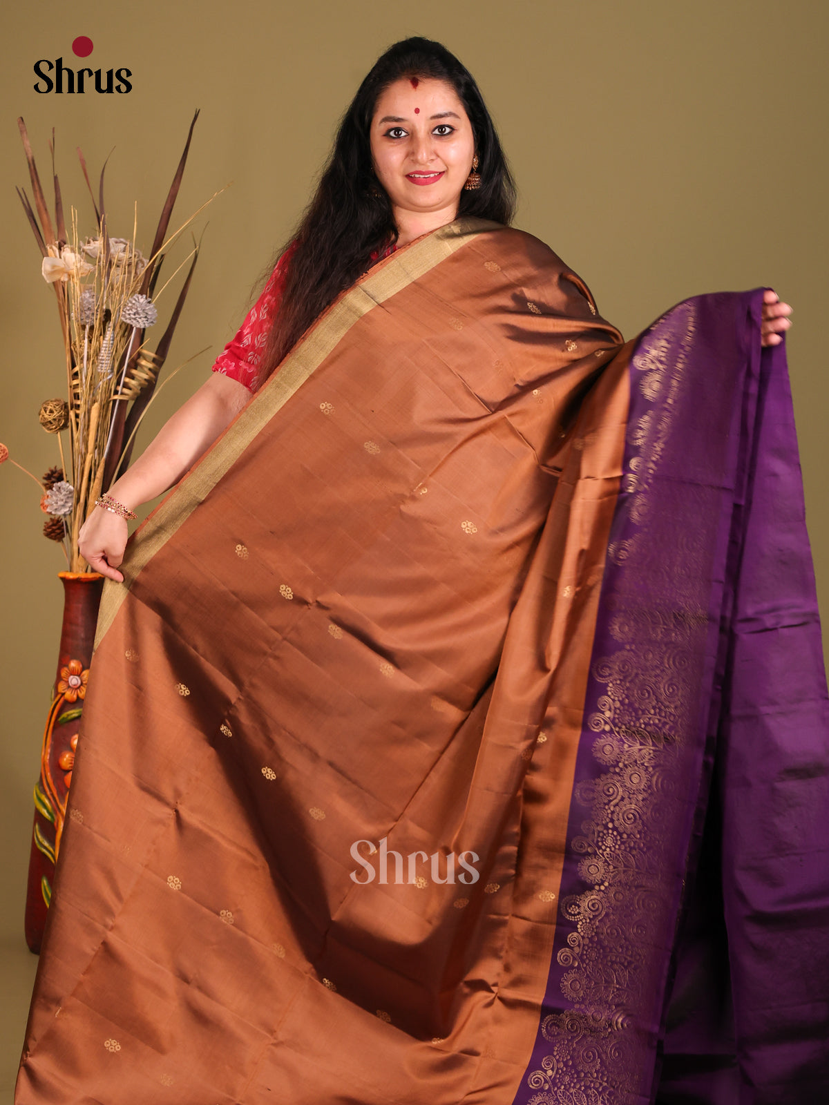 Brown & Violet Soft Silk Saree with contrast zari brocade border-2
