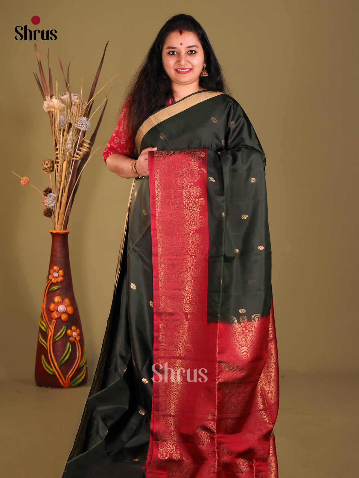 Dark Green & Maroon Soft Silk Saree gleams with gold zari floral buttas-1