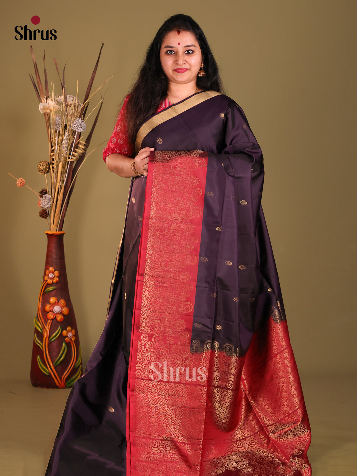 Violet & Maroon Soft Silk Saree gleams with gold zari floral buttas-1