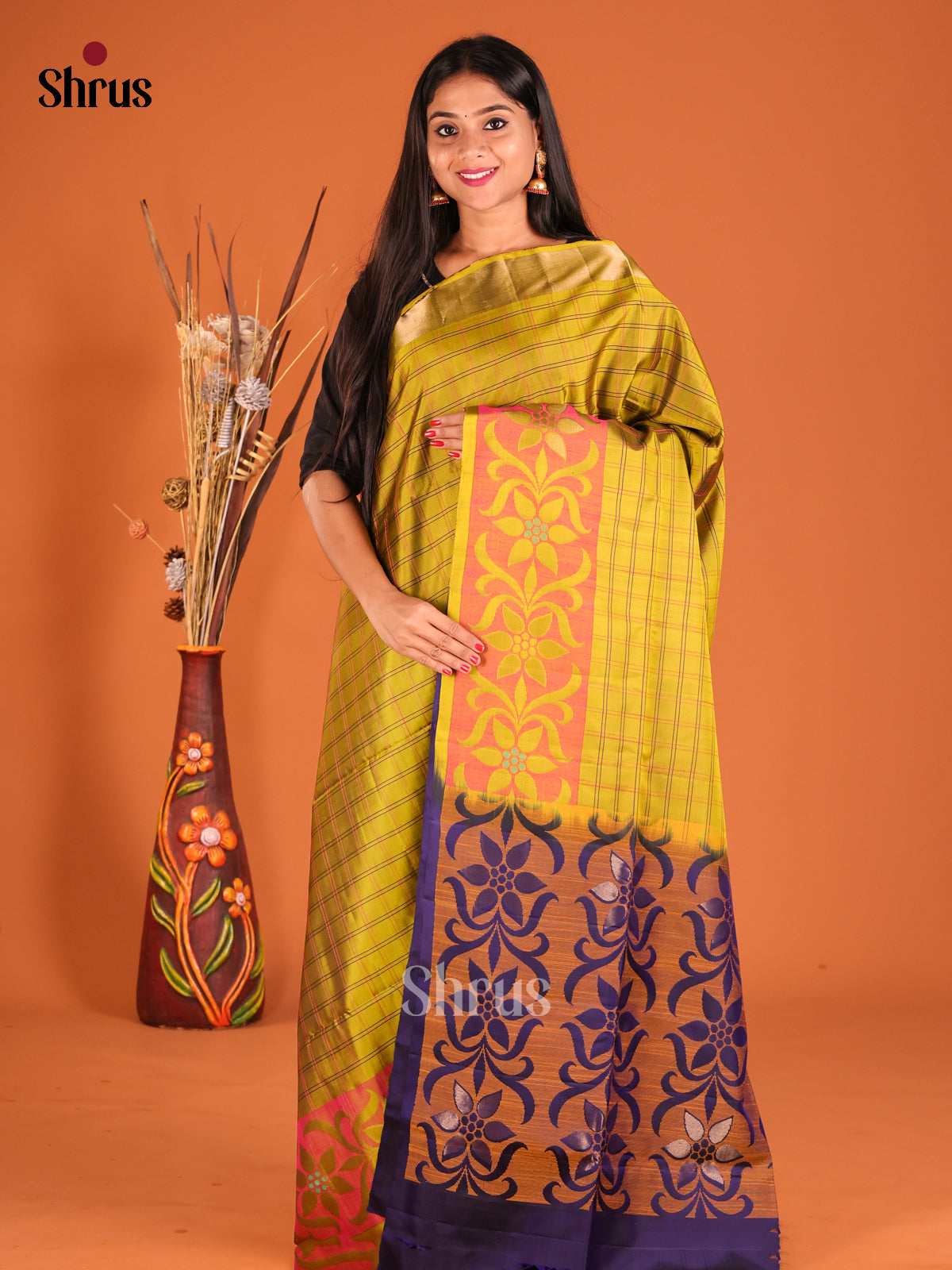 Mustardy Green & Violet Soft Silk Saree with kattam pattern - Shop on Shrus.com