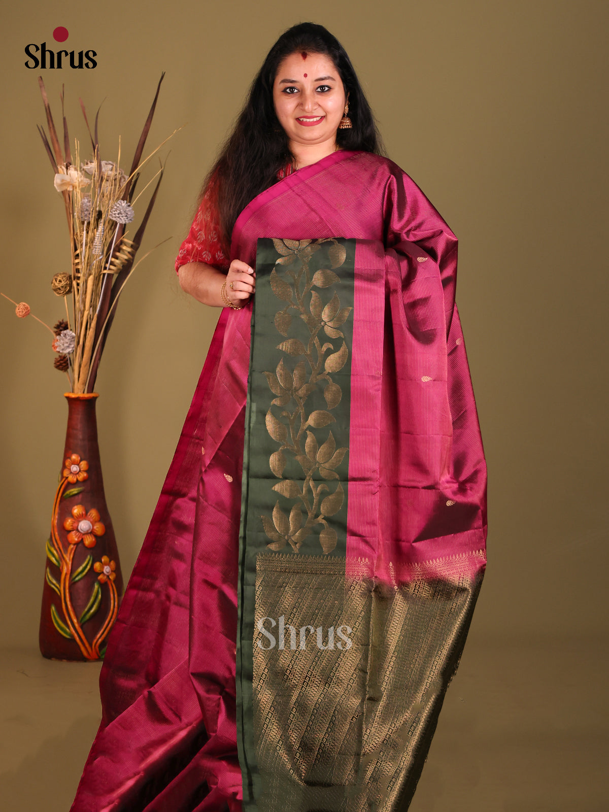 Maroon & Green Soft Silk Saree with contrast floral vines zari border-1