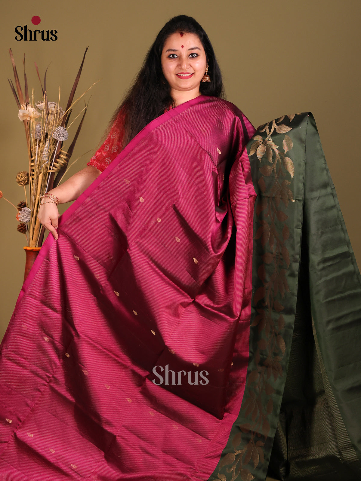 Maroon & Green Soft Silk Saree with contrast floral vines zari border-2