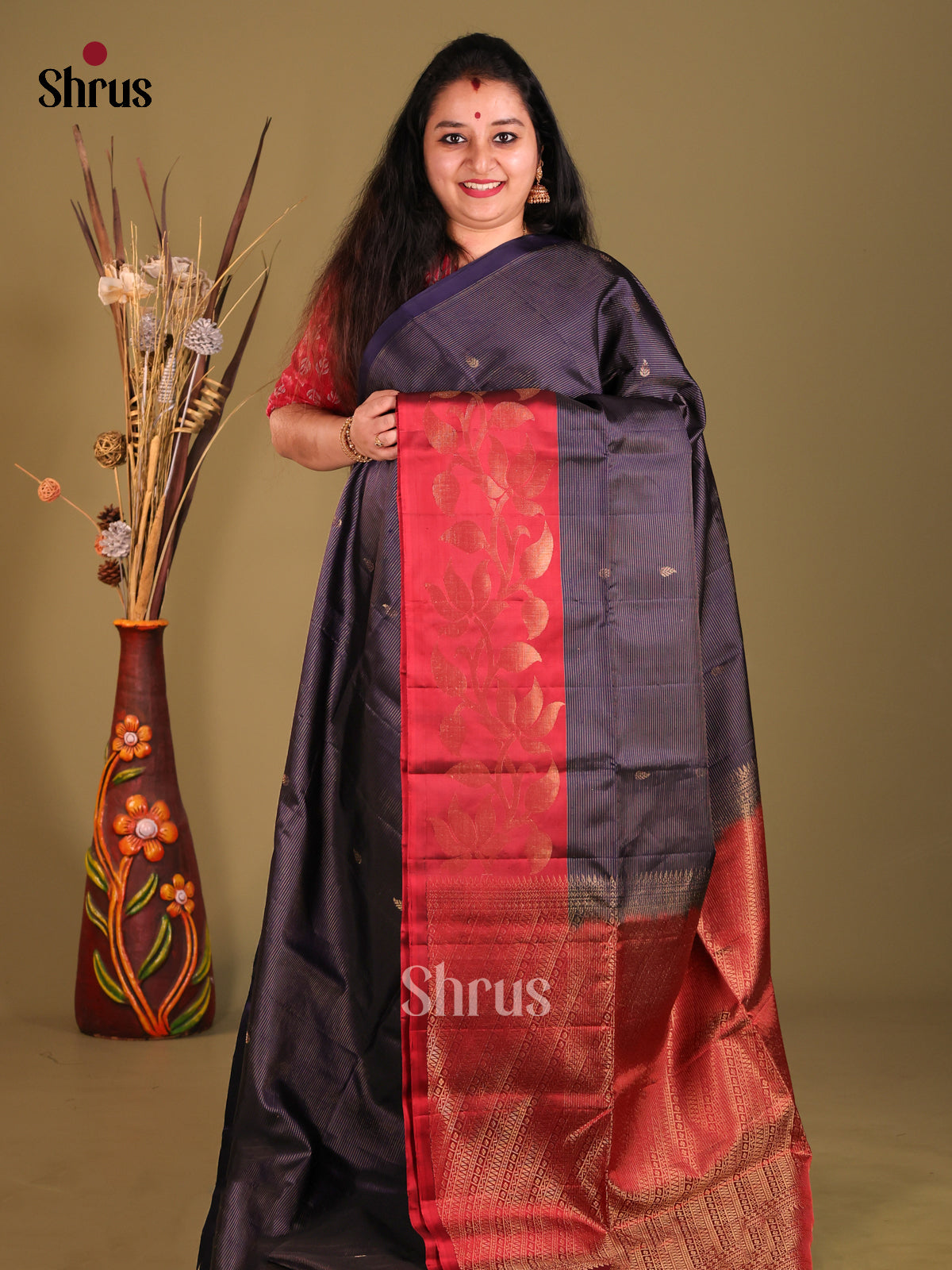 Blue & Maroon Soft Silk Saree with zari stripes, buttas-1