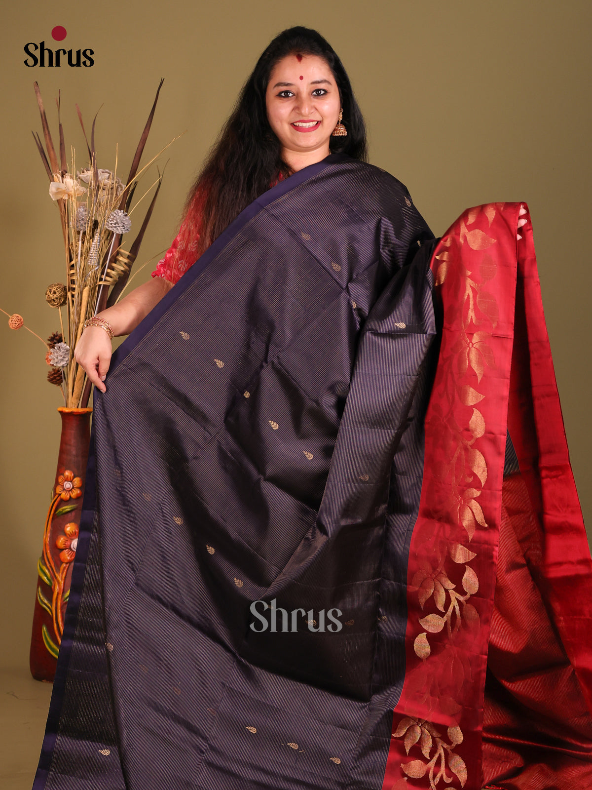 Blue & Maroon Soft Silk Saree with zari stripes, buttas-2