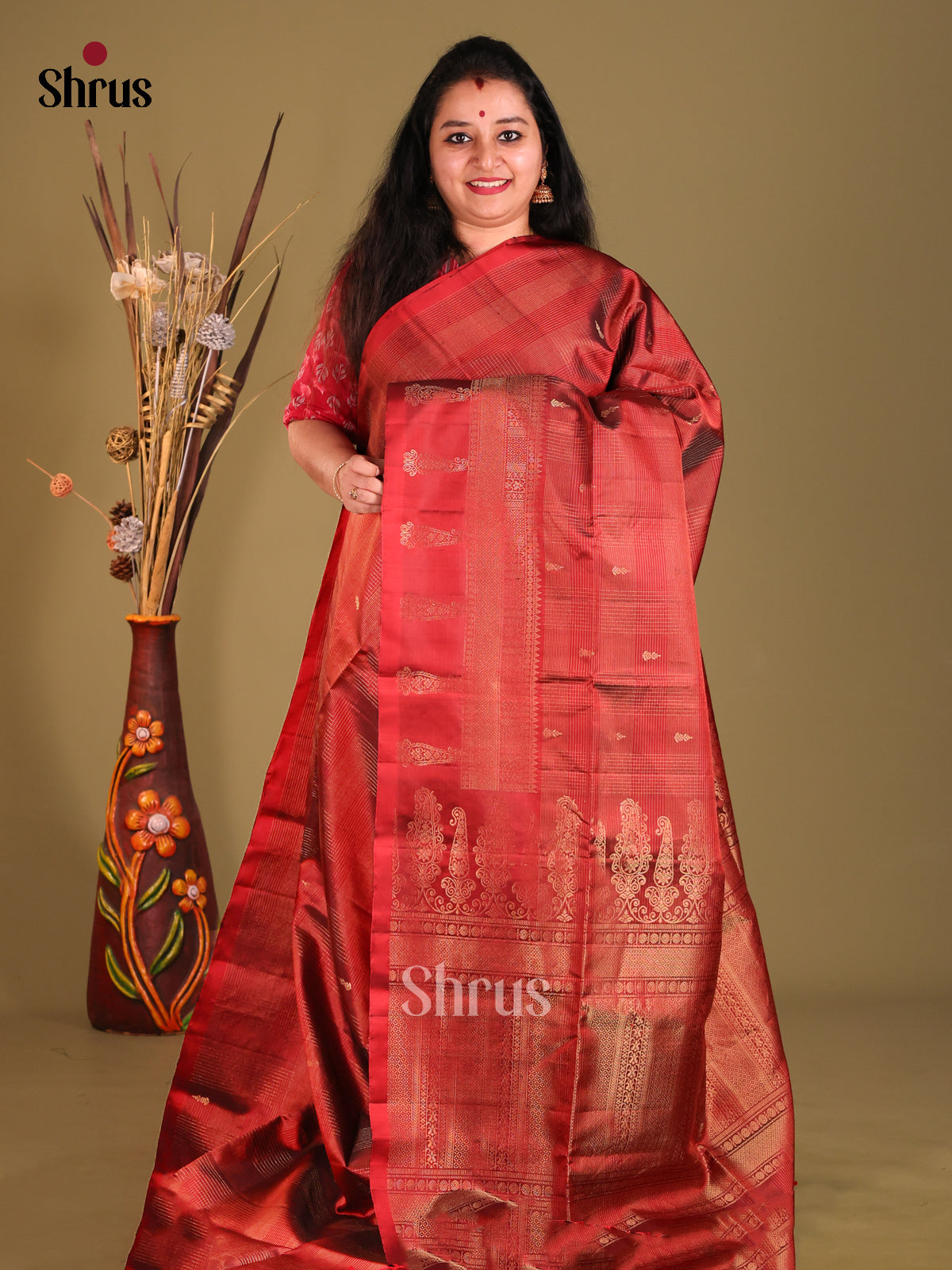 Maroon single Tone Soft Silk Saree with zari checks , buttas-1