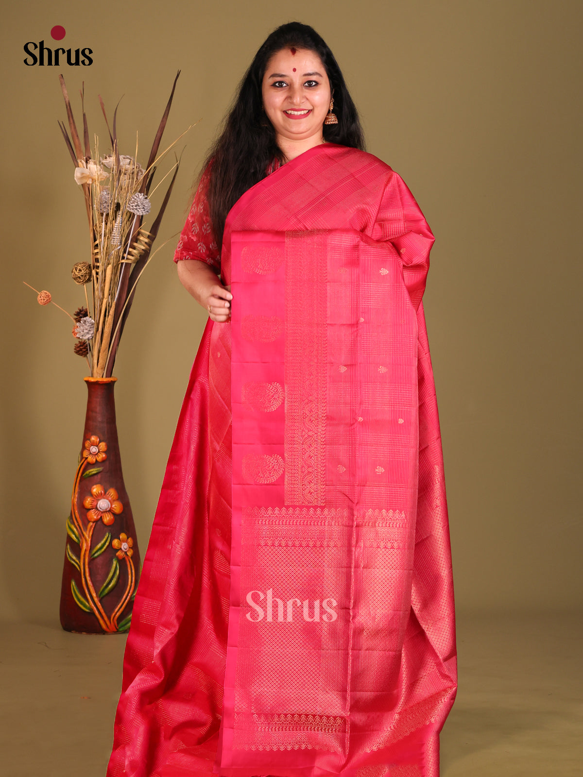 Pink single tone Soft Silk Saree with zari checks , buttas - Shop on Shrus.com