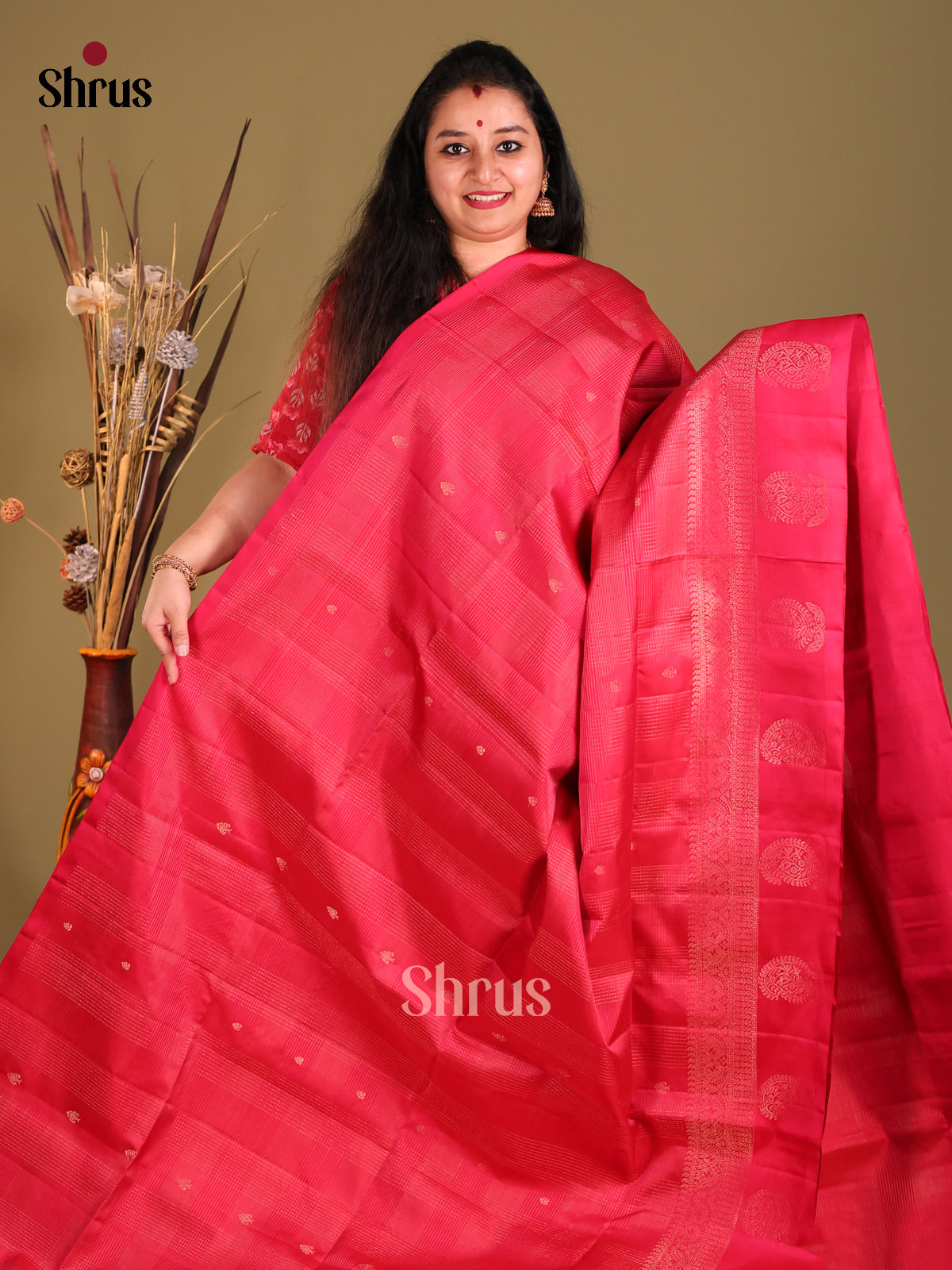 Pink single tone Soft Silk Saree with zari checks , buttas - Shop on Shrus.com