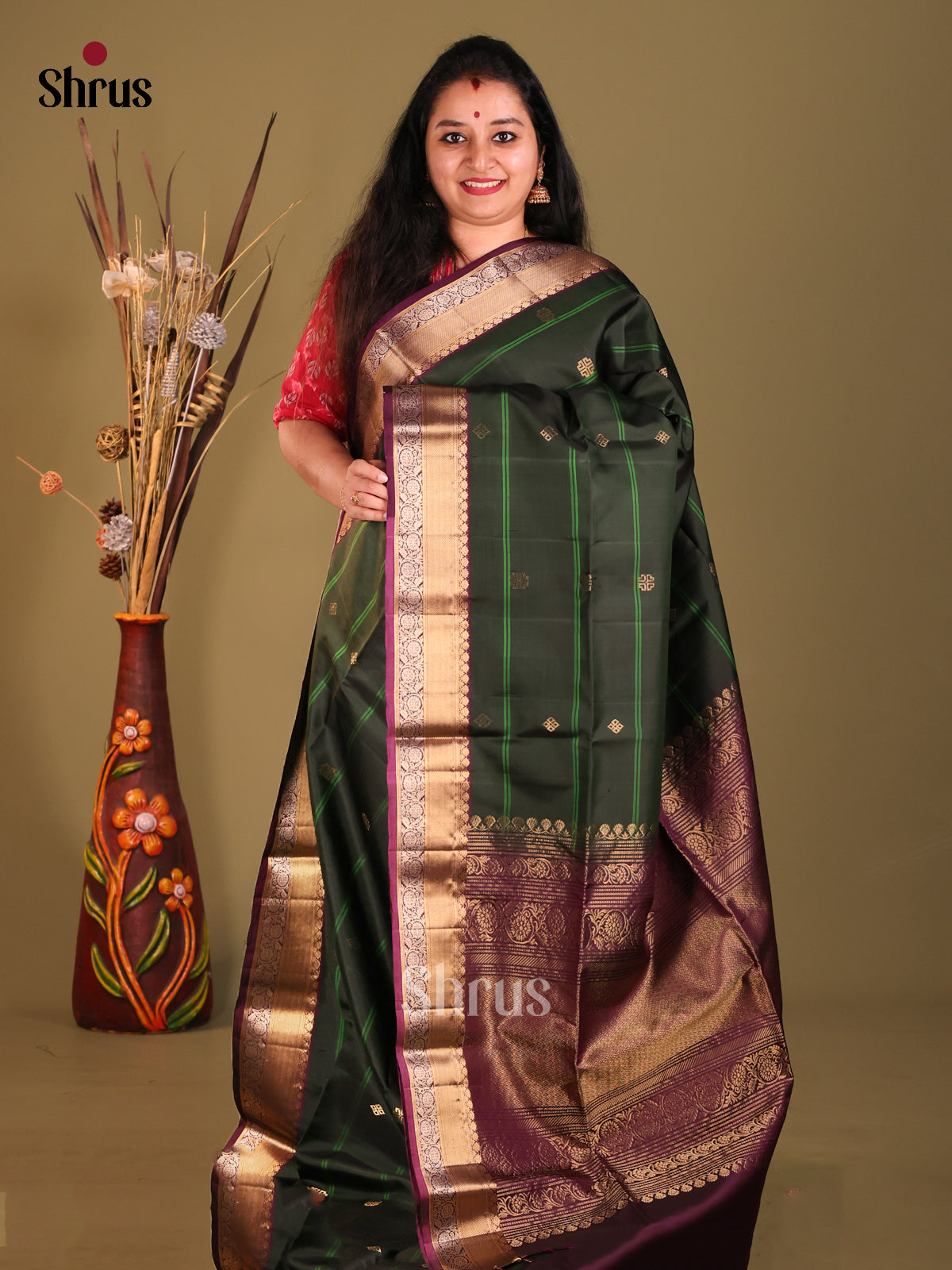 Dark green & Maroon Soft Silk Saree with zari butta,stripes-1