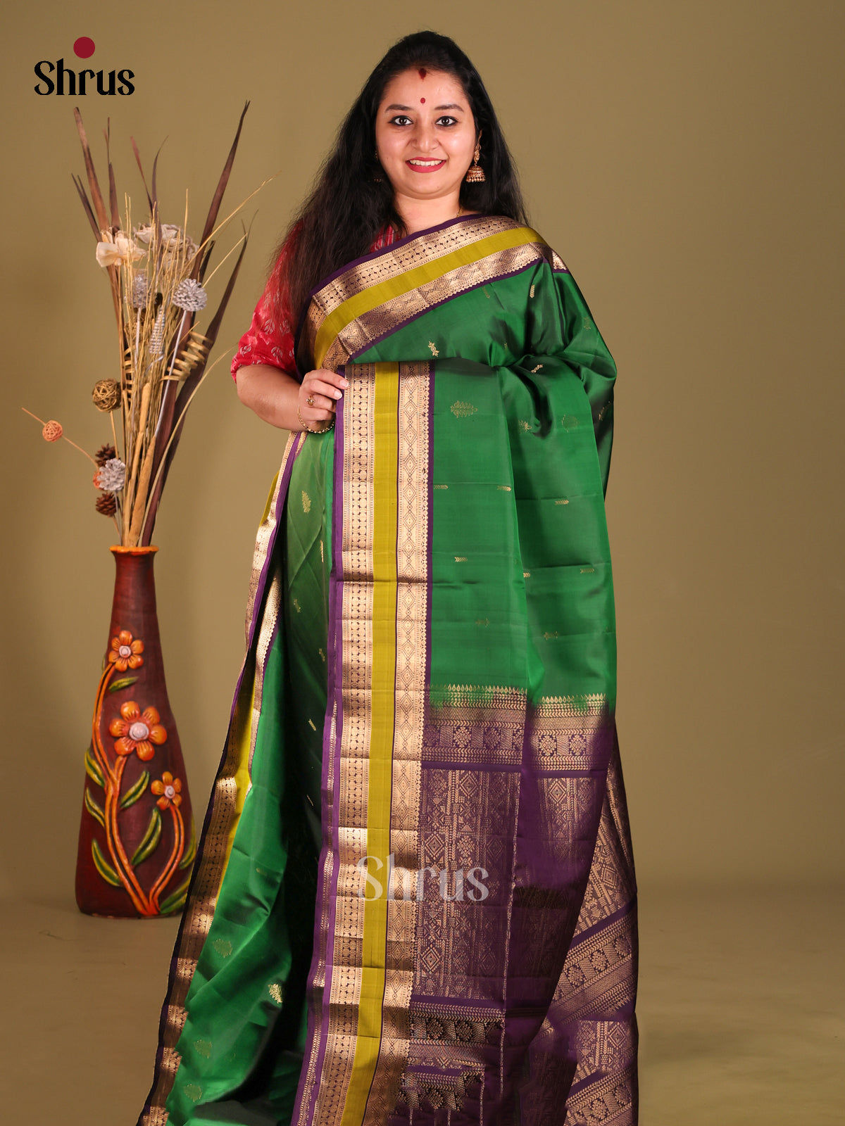 Green & Violet Soft Silk Saree with rettaipet zari border-1