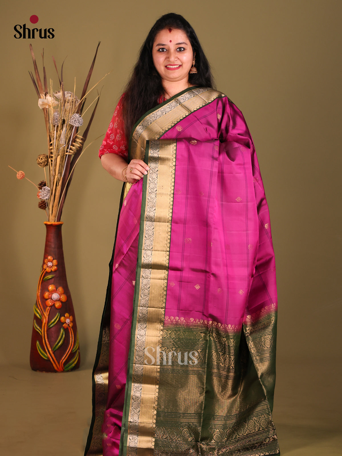 Purple & Green Soft Silk Saree gleams with zari buttas , stripes-1