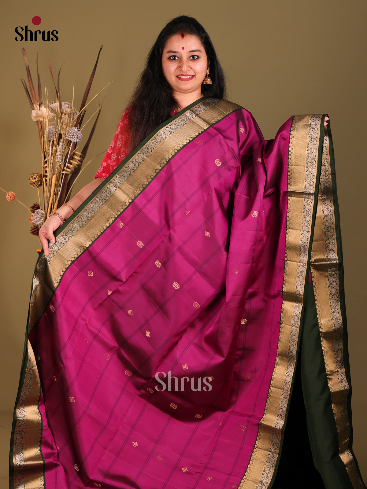 Purple & Green Soft Silk Saree gleams with zari buttas , stripes-2