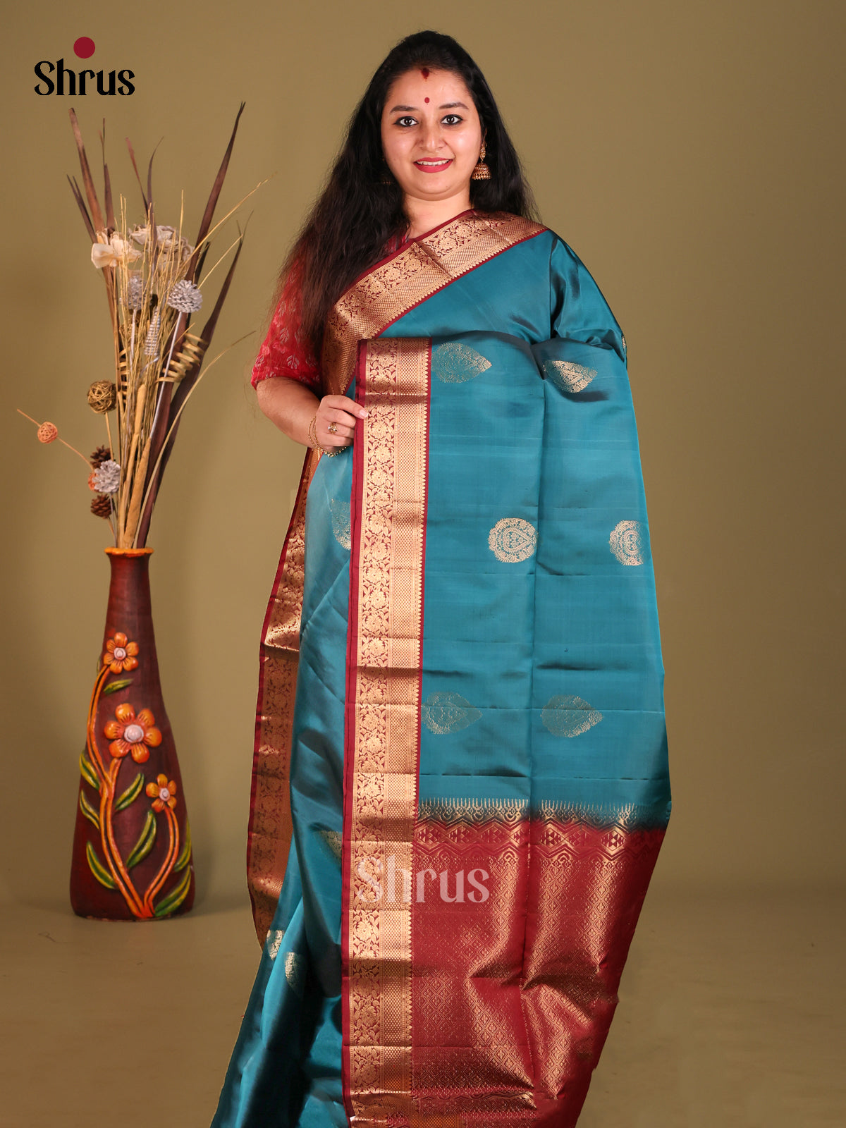 Blue & Maroon Soft Silk Saree with zari floral thilagam motifs-1