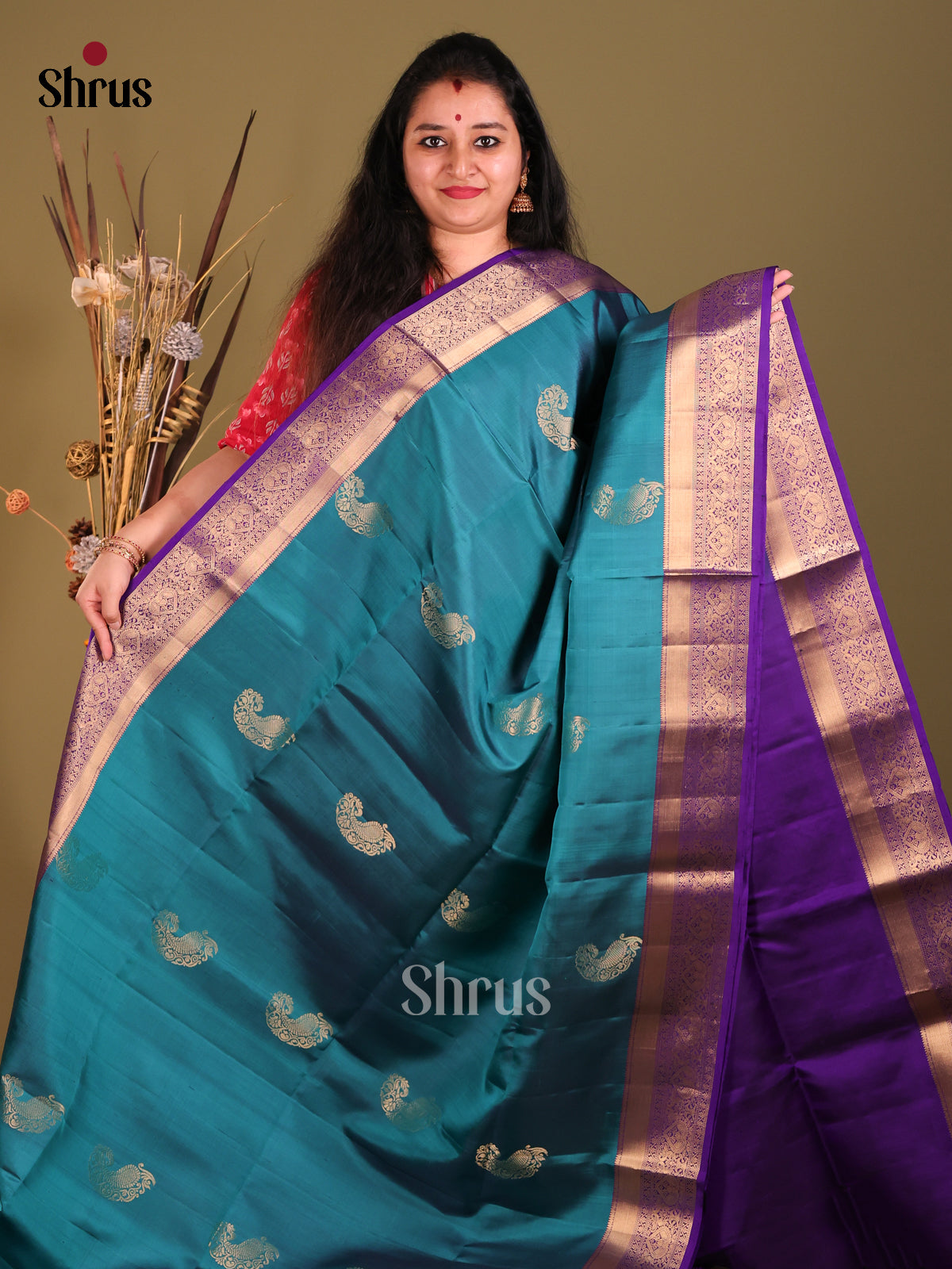 Blue & Violet Soft Silk Saree with zari paisley buttas-2