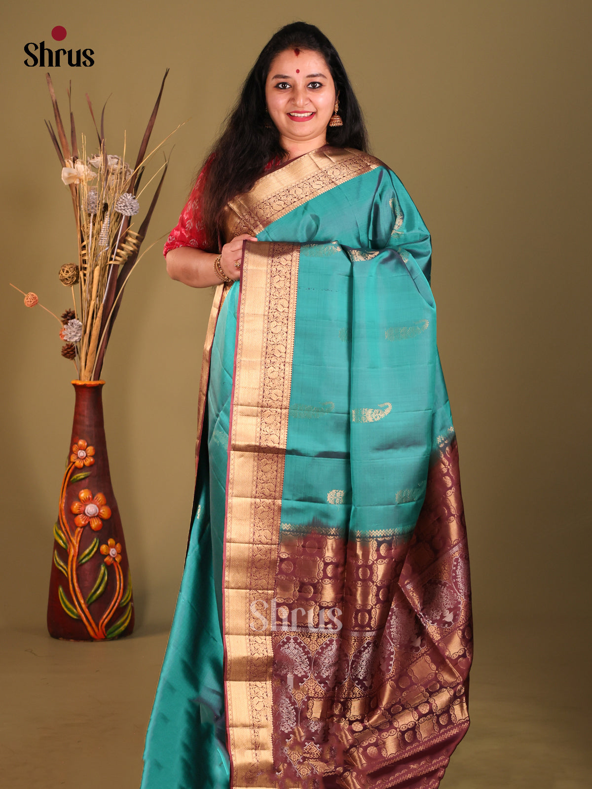 Blue & Dark maroon Soft Silk Saree with zari paisleys buttas-1