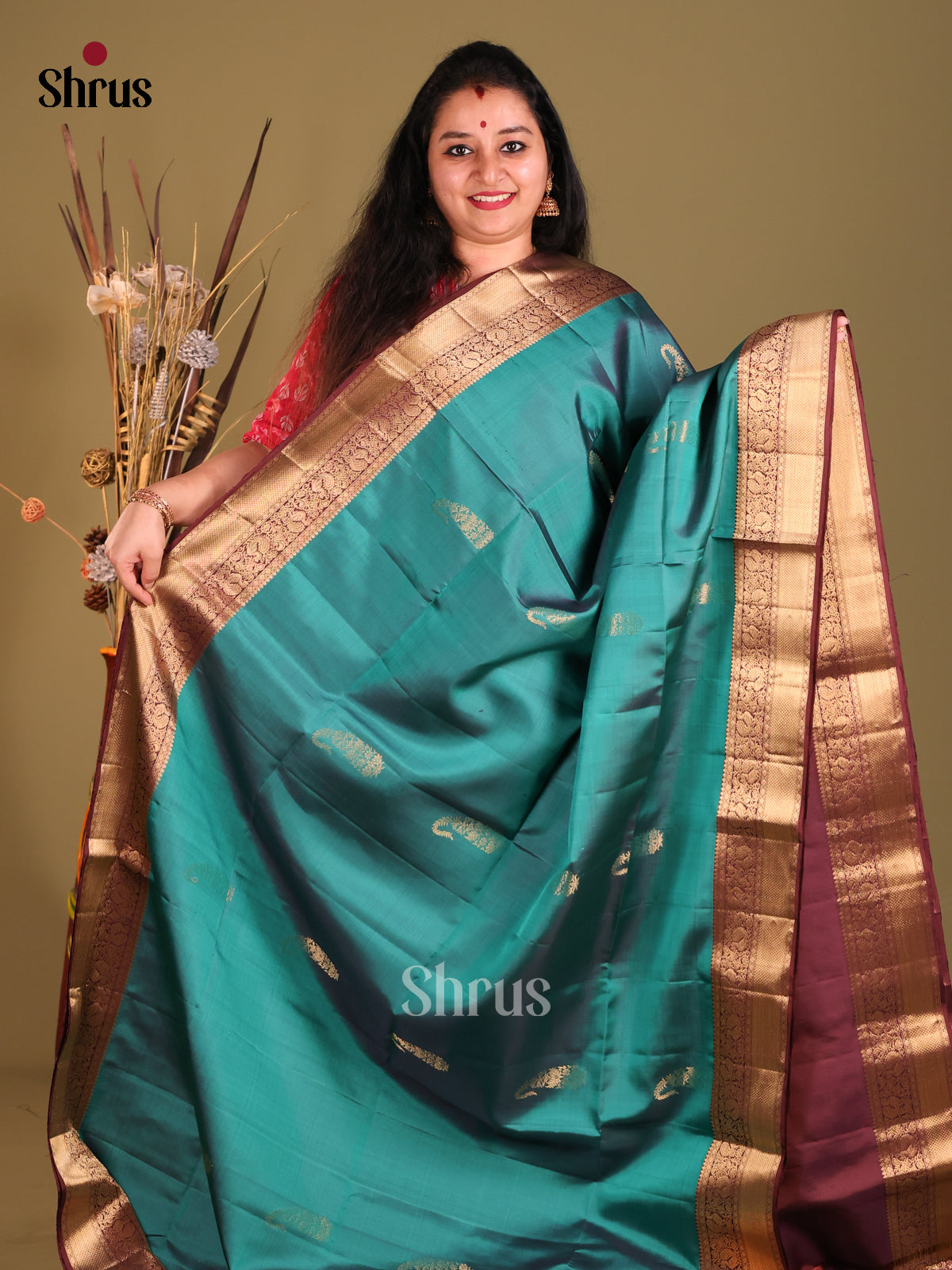 Blue & Dark maroon Soft Silk Saree with zari paisleys buttas-2