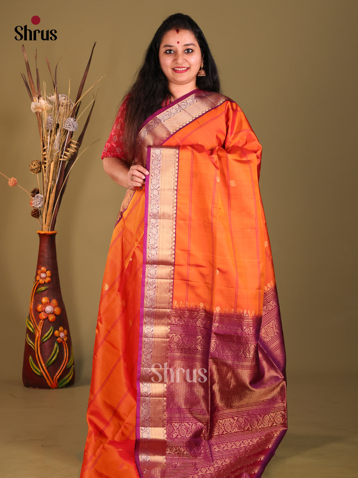 Orange & Purple Soft Silk Saree with contrast rich zari border-1