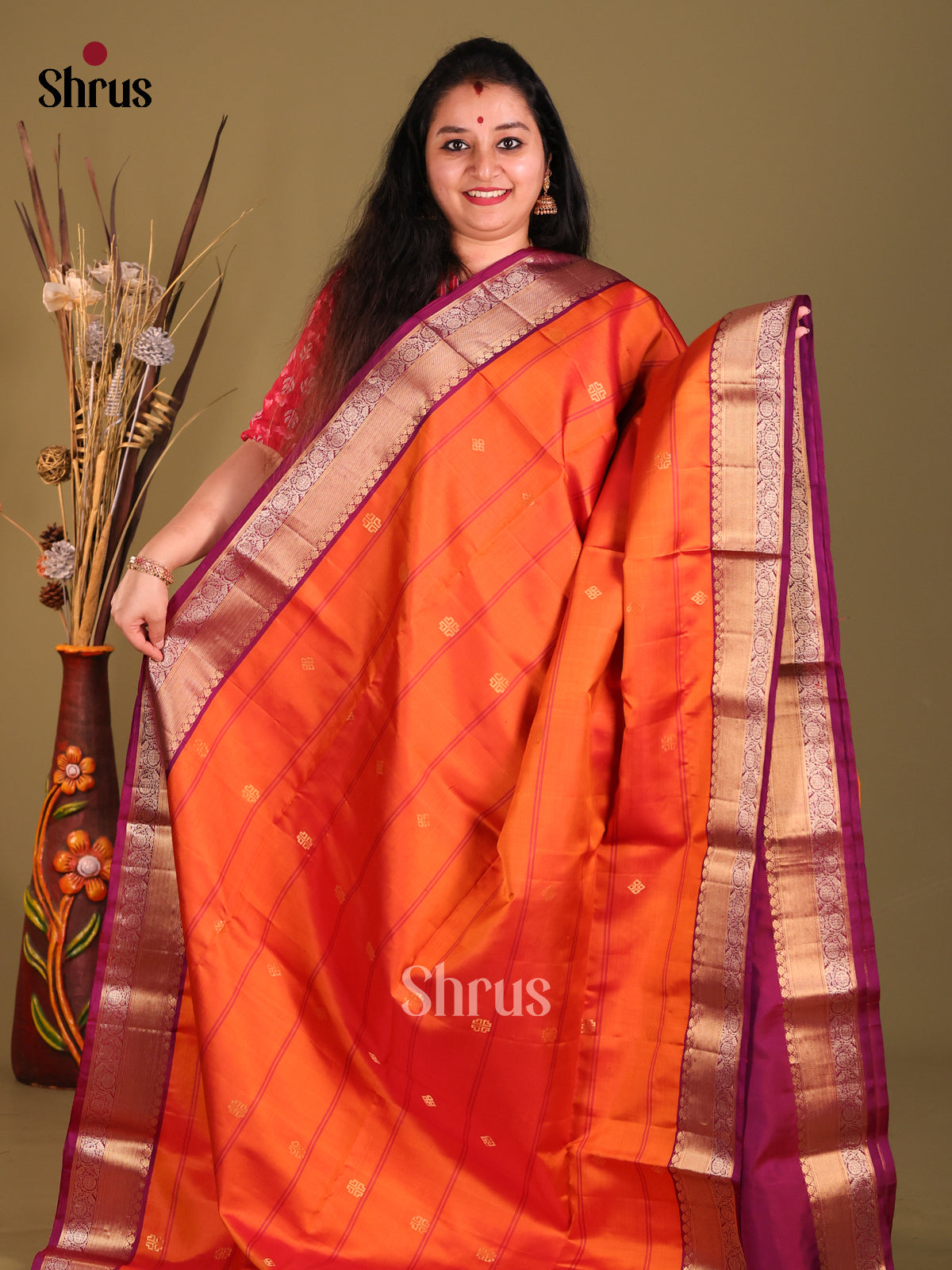 Orange & Purple Soft Silk Saree with contrast rich zari border-2