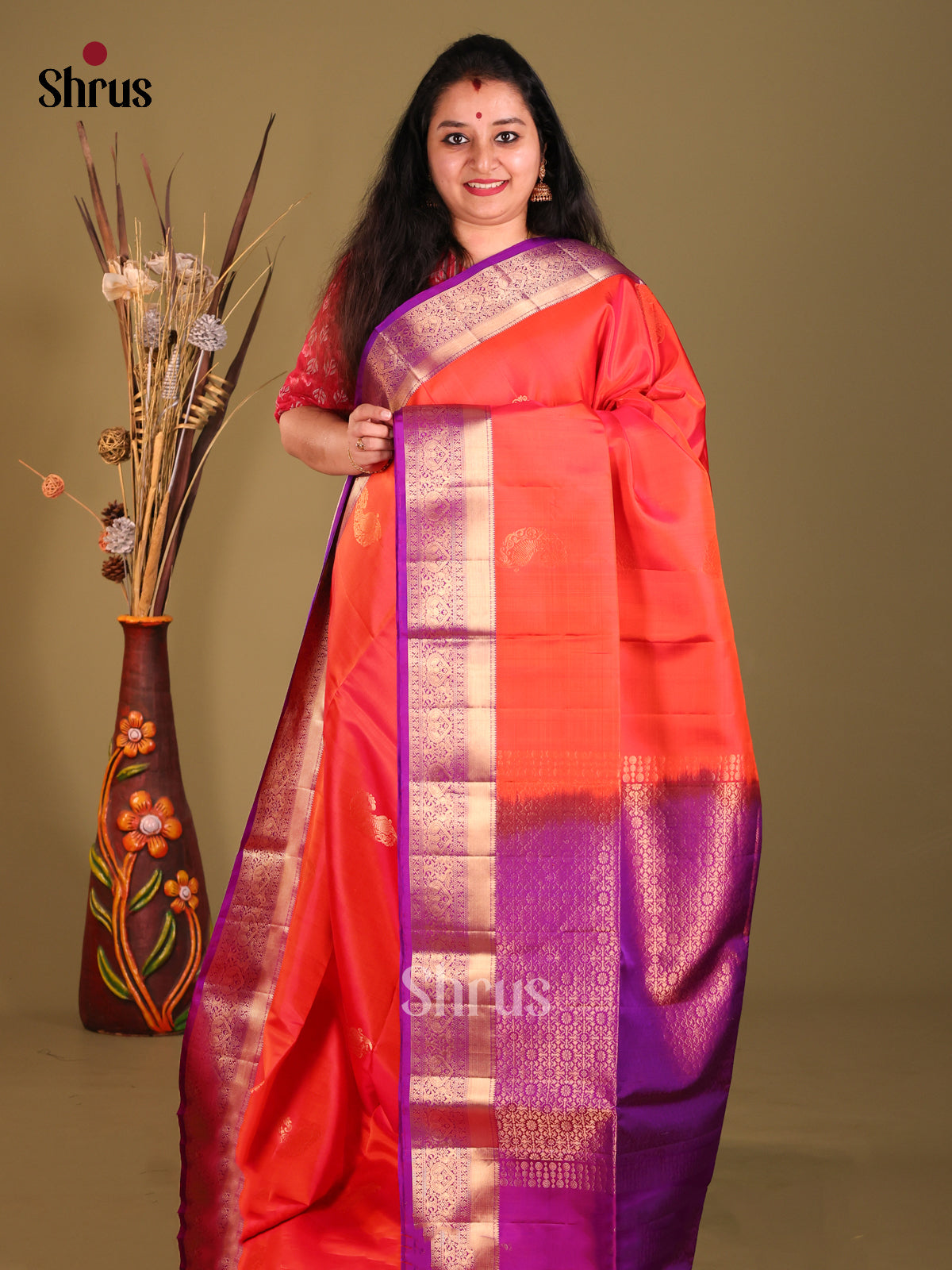 Orange & Purple Soft Silk Saree gleams with zari paisleys buttas-1