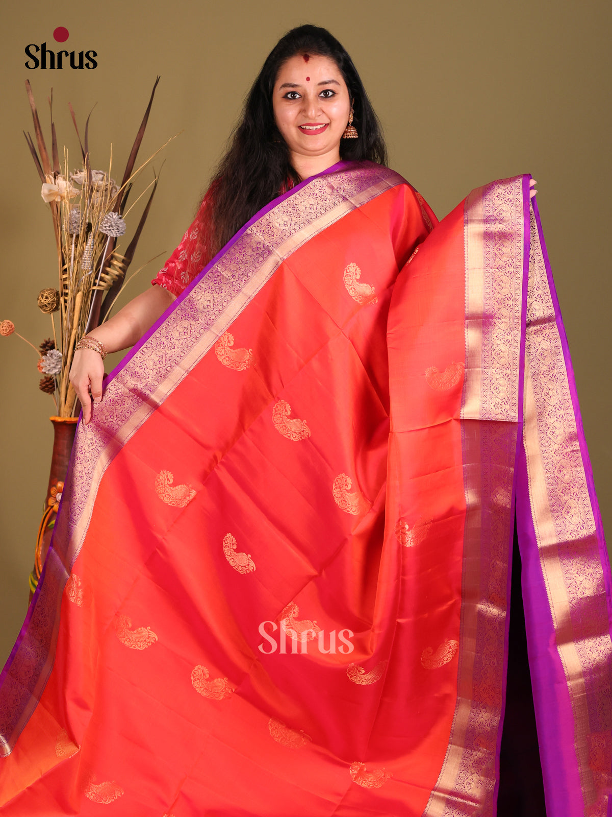 Orange & Purple Soft Silk Saree gleams with zari paisleys buttas-2