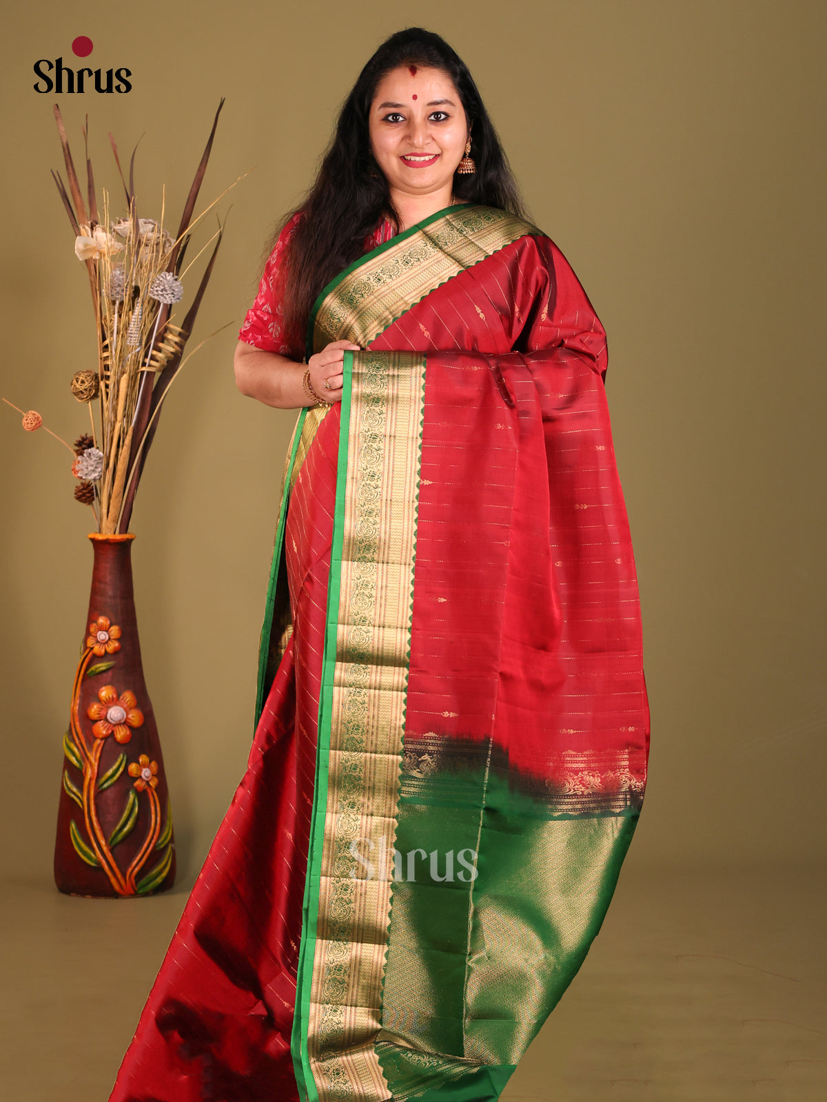 Red & Green Soft Silk Saree gleams with zari stripes-1