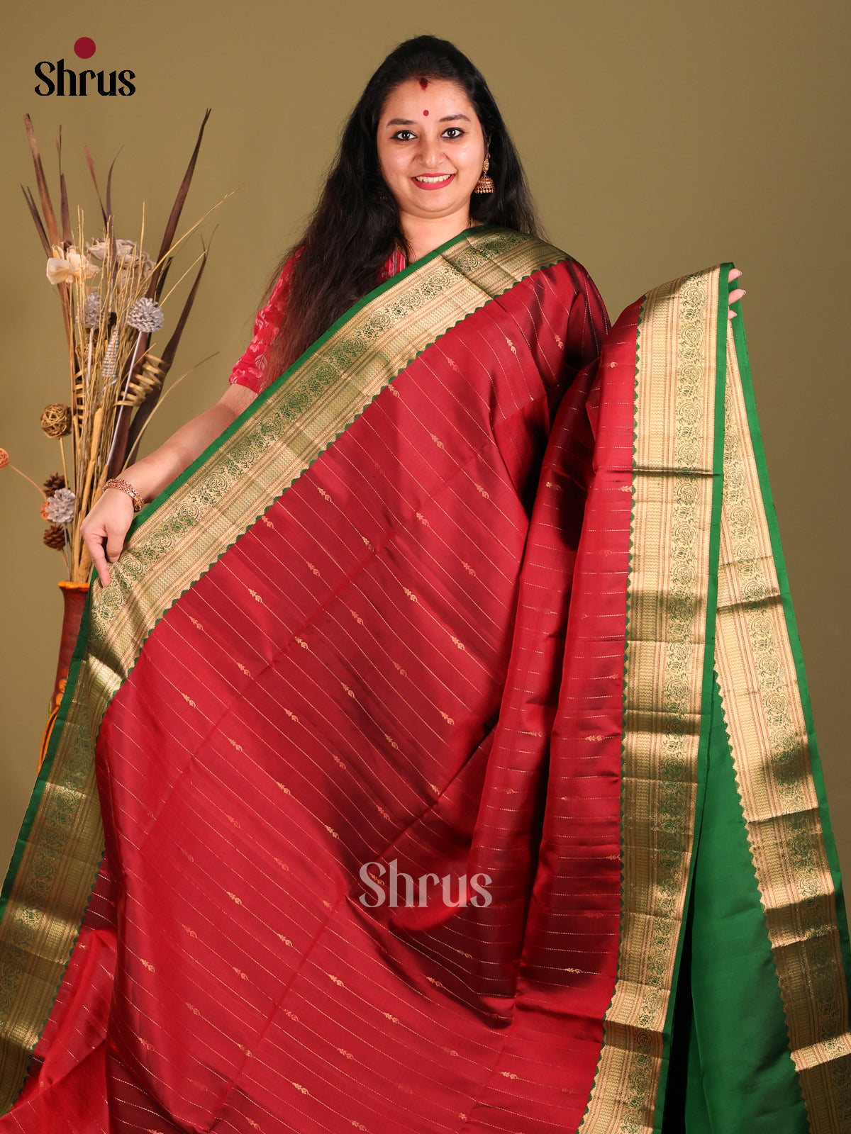 Red & Green Soft Silk Saree gleams with zari stripes-2