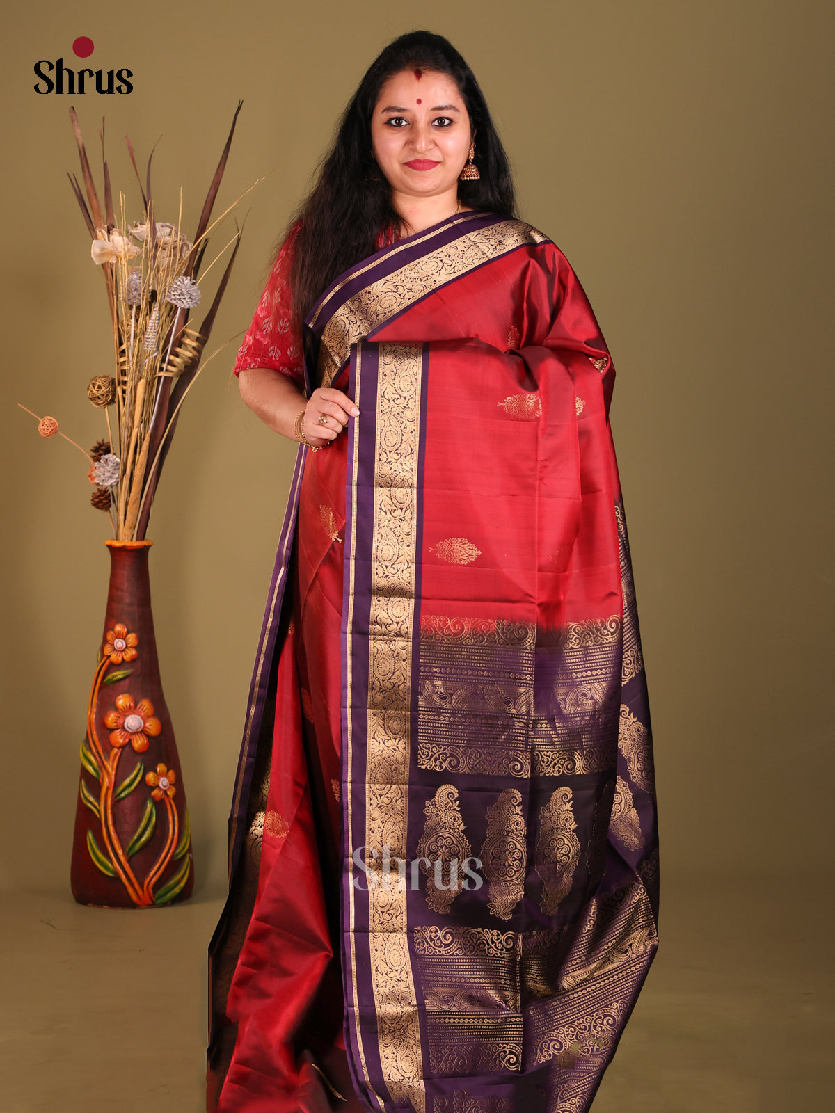 Maroon & Violet Soft Silk Saree with zari floral buttas-1