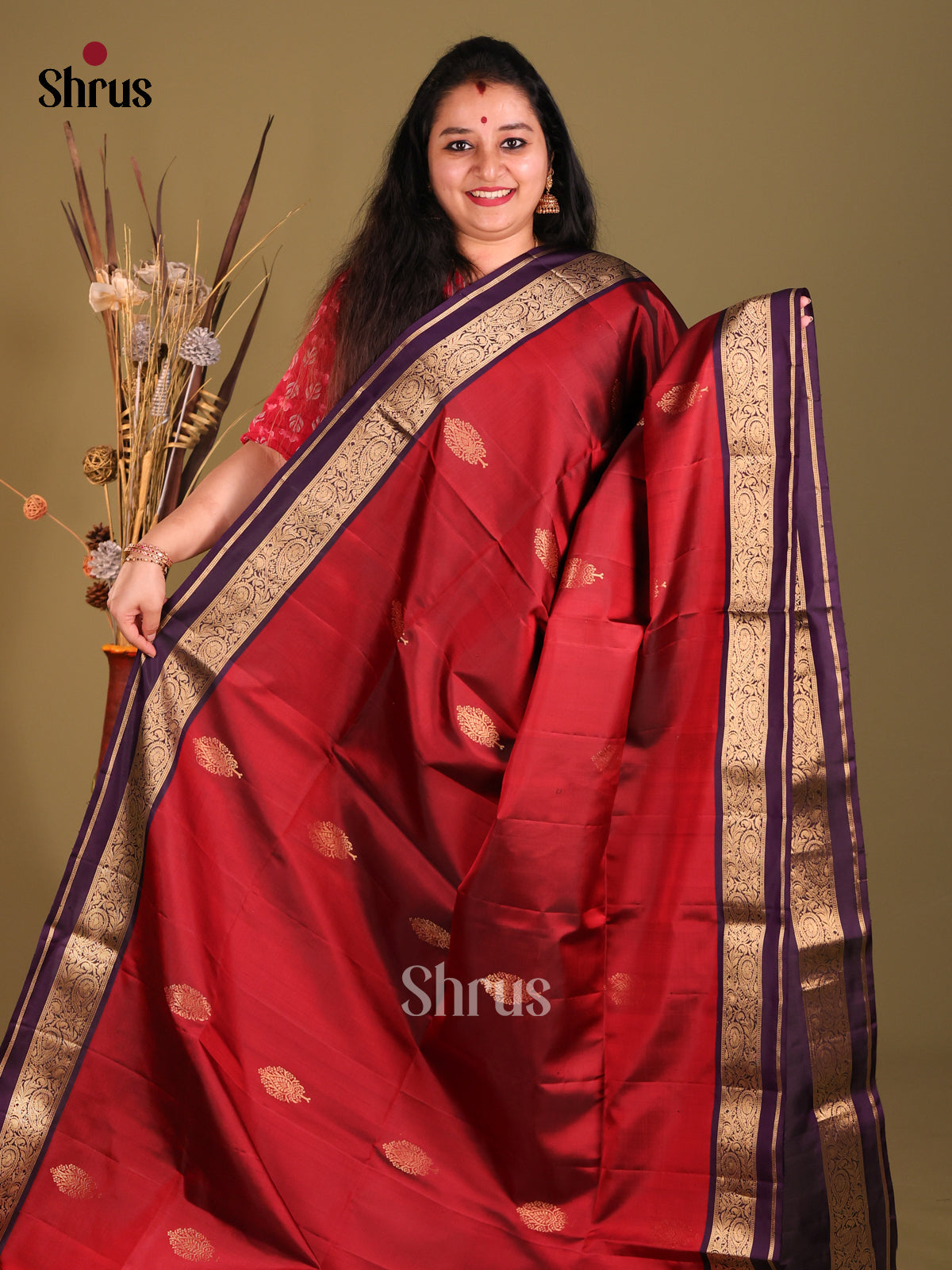 Maroon & Violet Soft Silk Saree with zari floral buttas-2