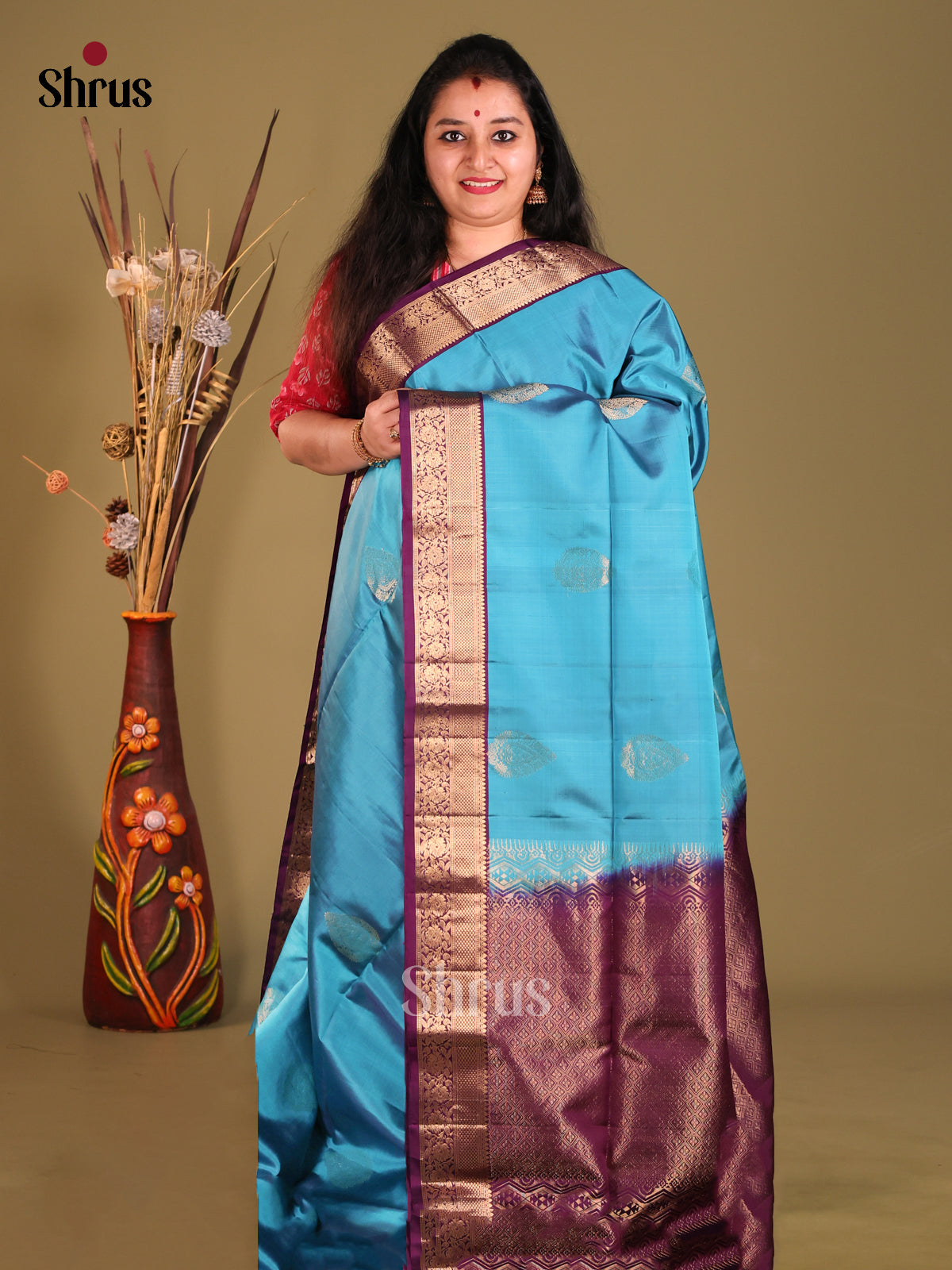 Blue & Violet Soft Silk Saree with zari thilagam motifs-1