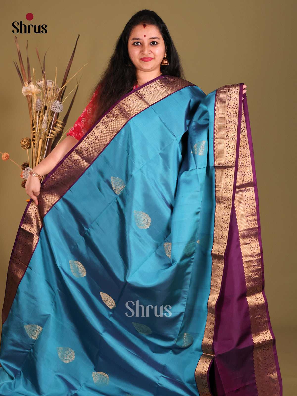 Blue & Violet Soft Silk Saree with zari thilagam motifs-2