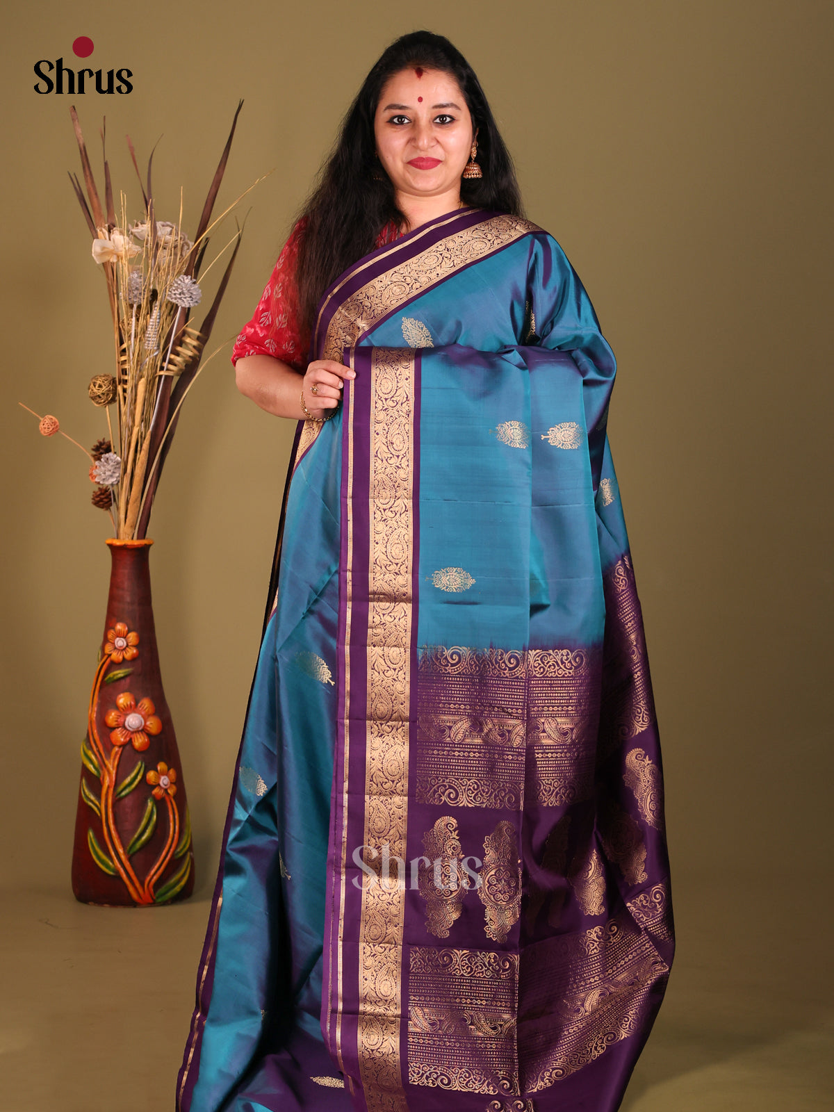 Blue & Violet Soft Silk Saree gleam with gold zari floral buttas-1