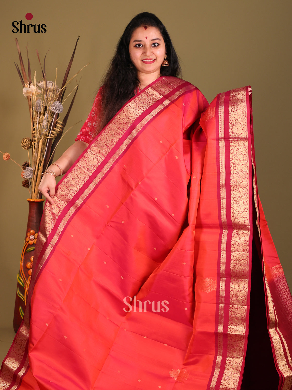 Orangish Pink & Maroon Soft Silk Saree with rich peacock vines zari border-2