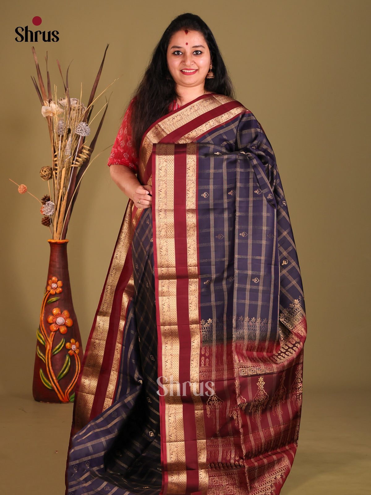 Blue & maroon Soft Silk Saree with contrast rettaipet zari border-1