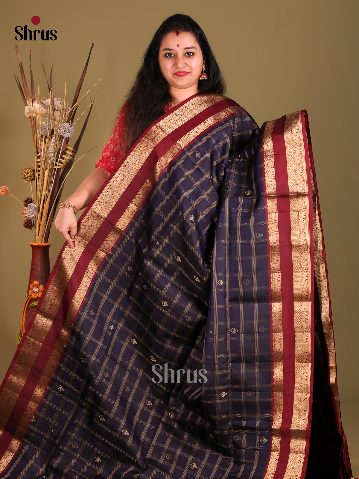 Blue & maroon Soft Silk Saree with contrast rettaipet zari border-2