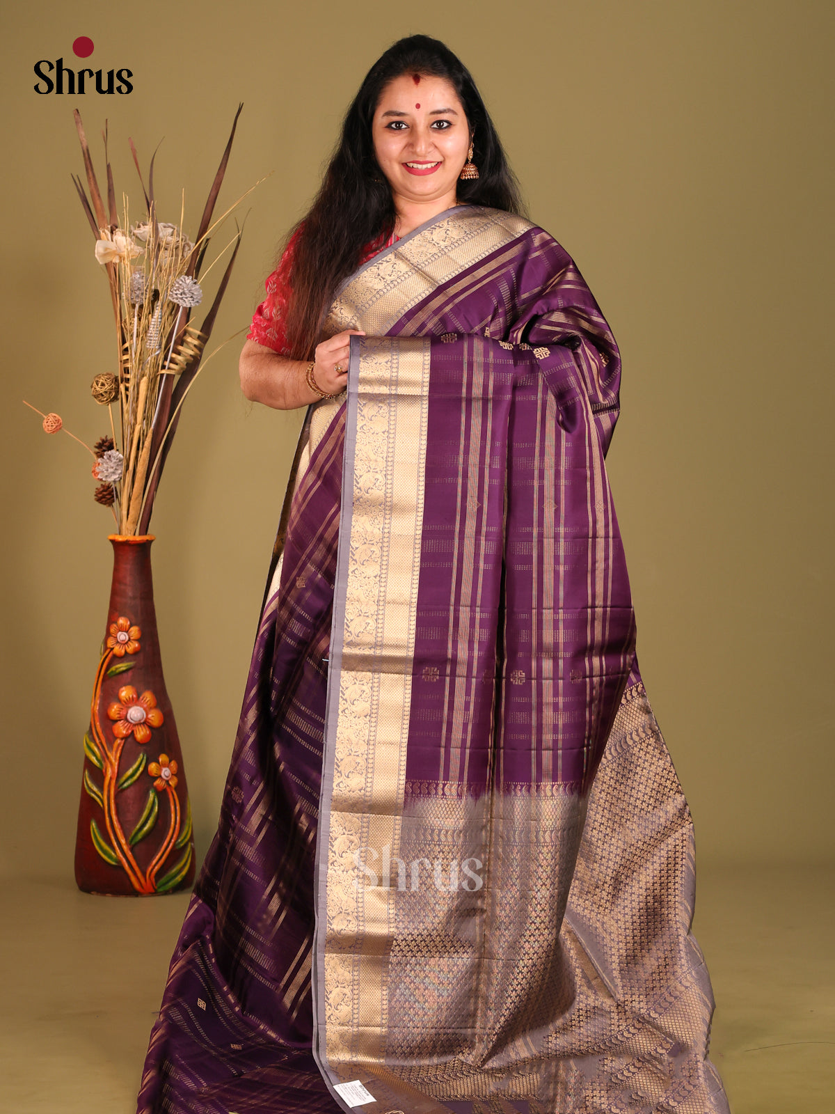 Violet & Lavender Soft Silk Saree with zari checks, buttas-1