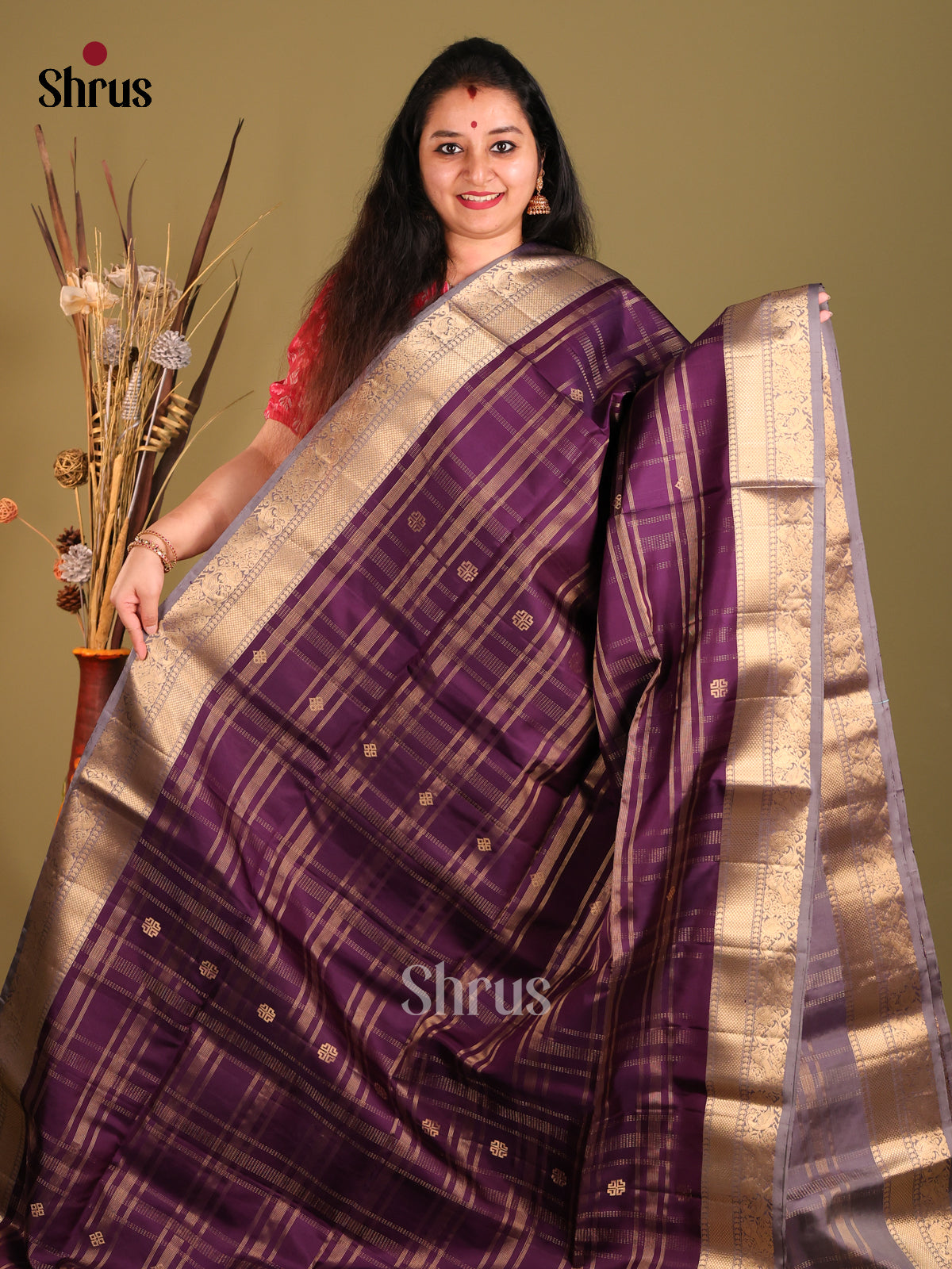 Violet & Lavender Soft Silk Saree with zari checks, buttas-2