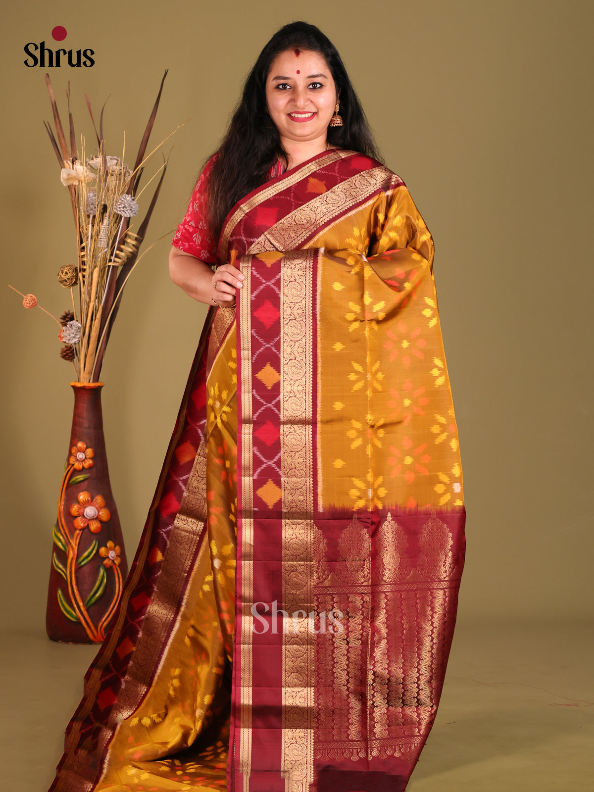 Mustard & Maroon Soft Silk Saree with ikkat floral motifs-1