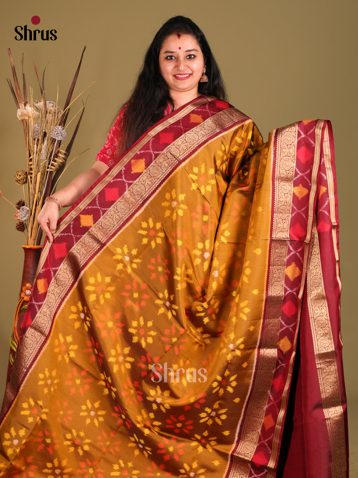 Mustard & Maroon Soft Silk Saree with ikkat floral motifs-2