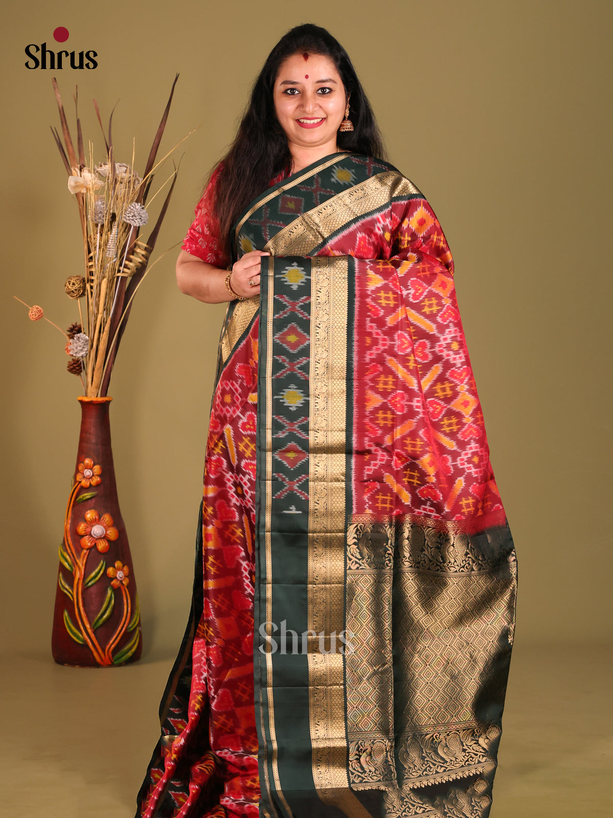 Maroon & Green Soft Silk Saree with ikkat floral motifs-1