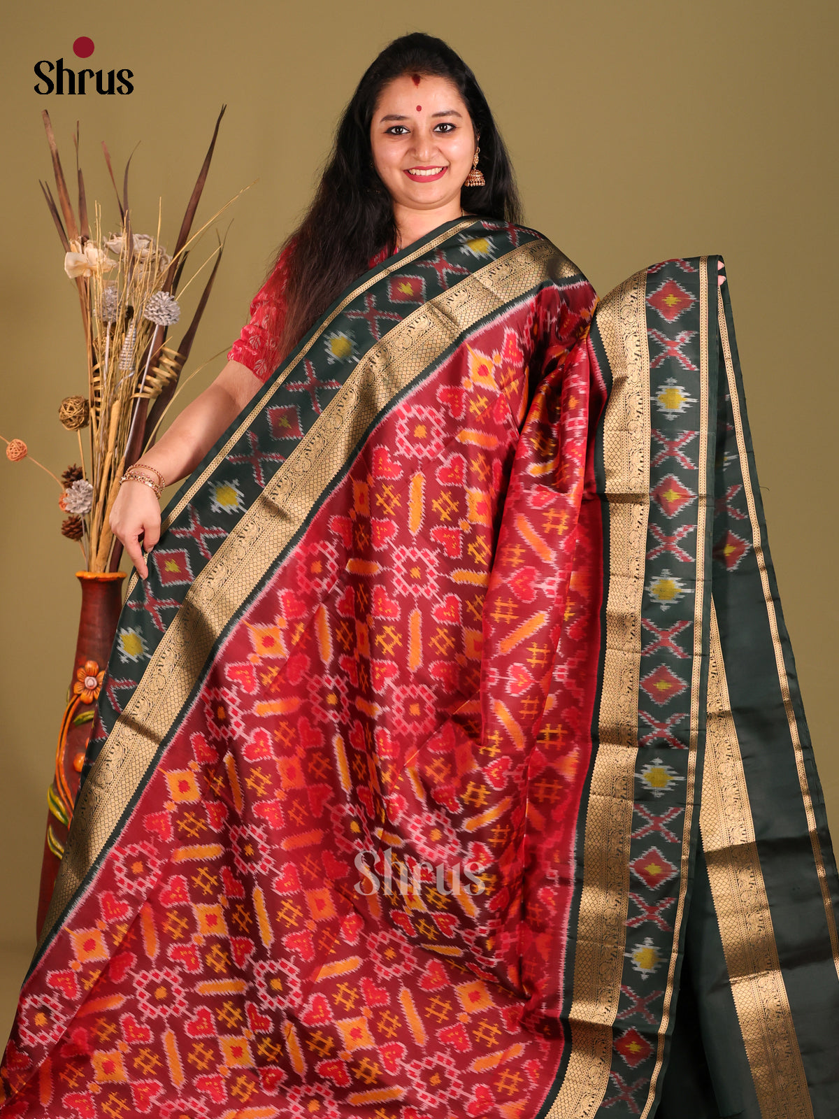 Maroon & Green Soft Silk Saree with ikkat floral motifs-2