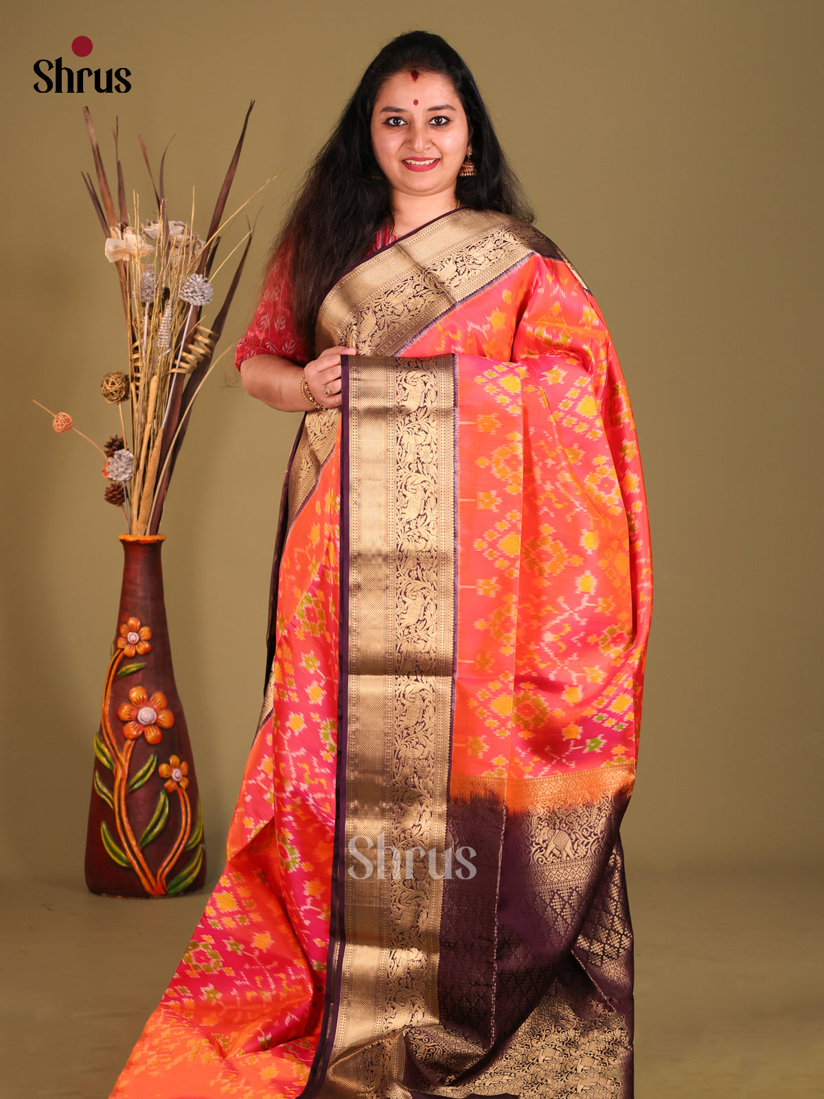 Orangish Pink & Purple Soft Silk Saree with ikkat floral motifs-1