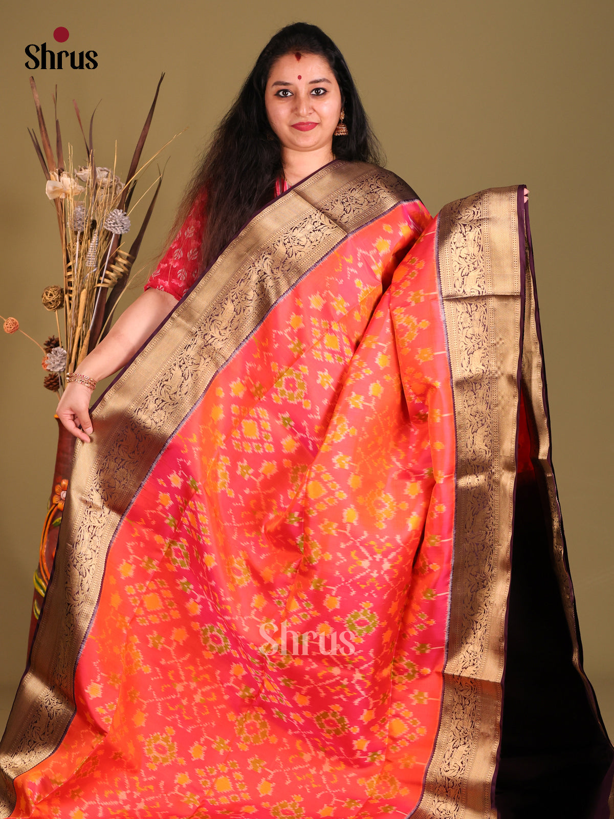 Orangish Pink & Purple Soft Silk Saree with ikkat floral motifs-2