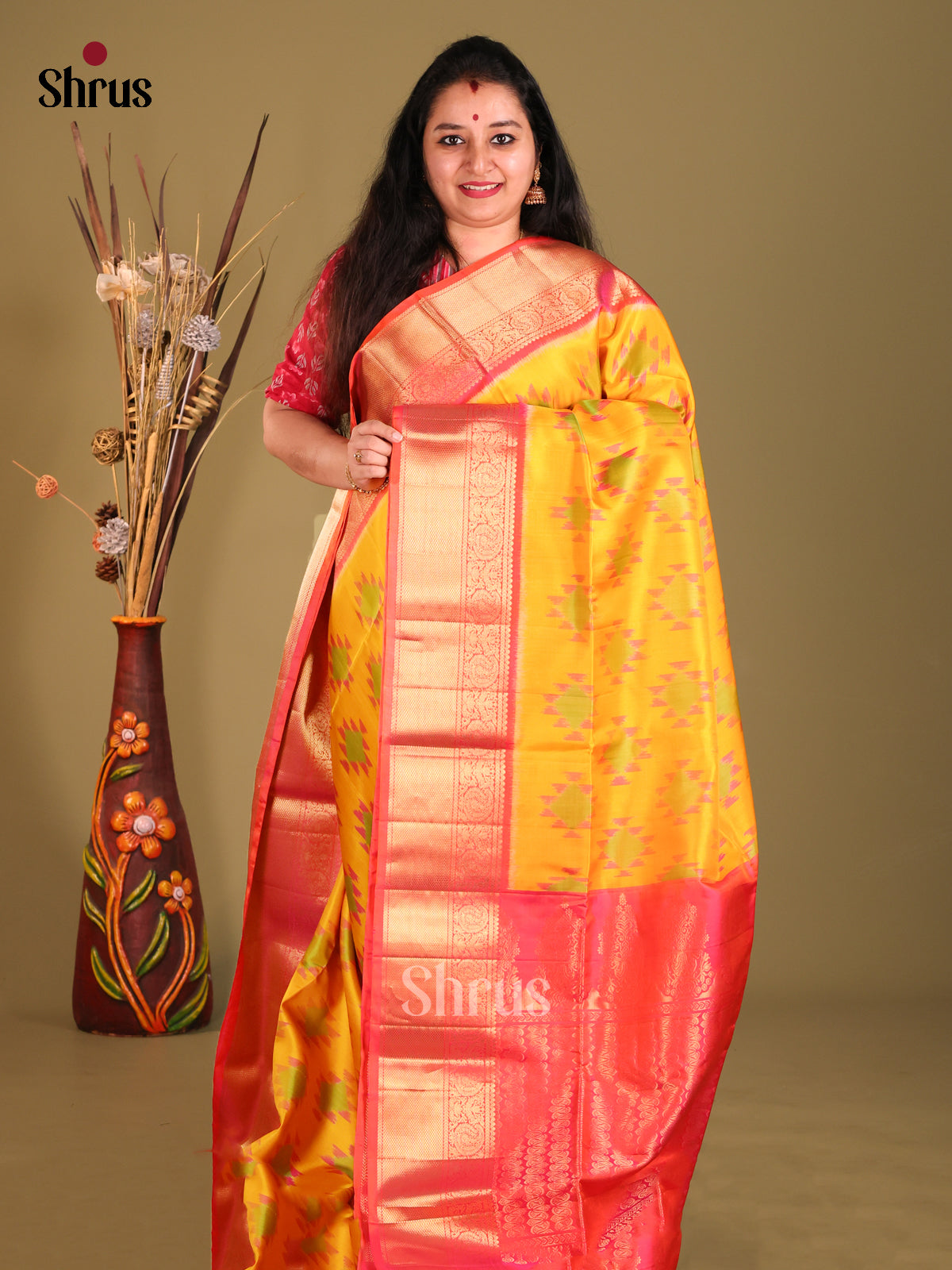 Mustard & Orangish Pink Soft Silk Saree with ikkat motifs , zari border-1