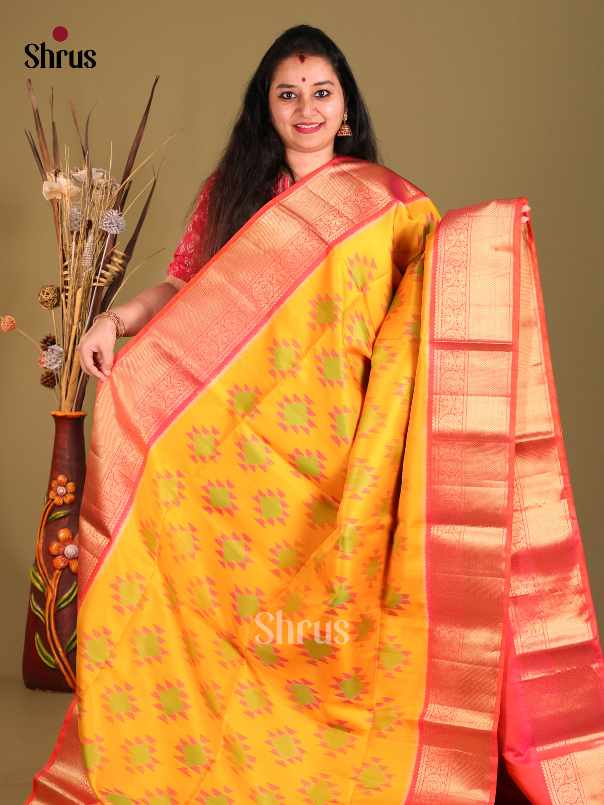 Mustard & Orangish Pink Soft Silk Saree with ikkat motifs , zari border-2