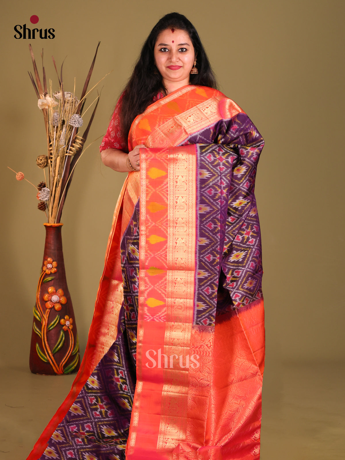 Violet & Orangish Pink Soft Silk Saree with ikkat floral motifs-1