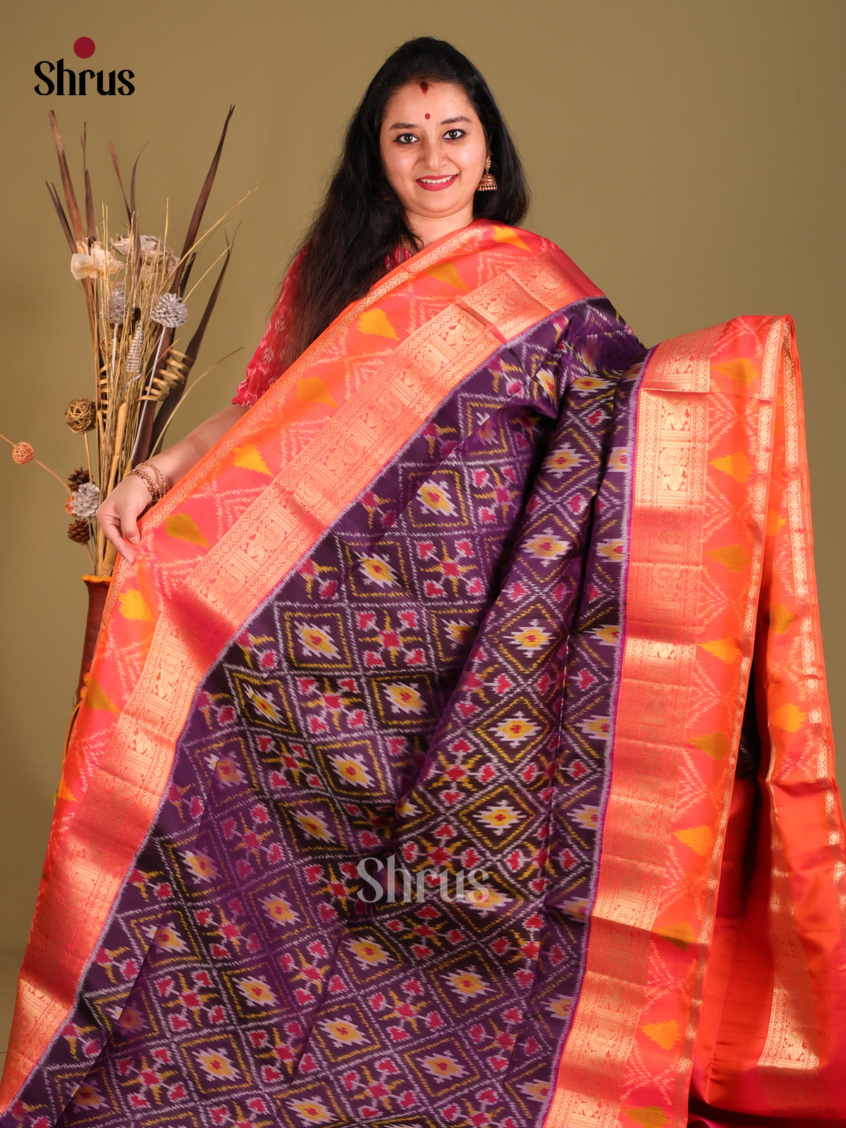 Violet & Orangish Pink Soft Silk Saree with ikkat floral motifs-2