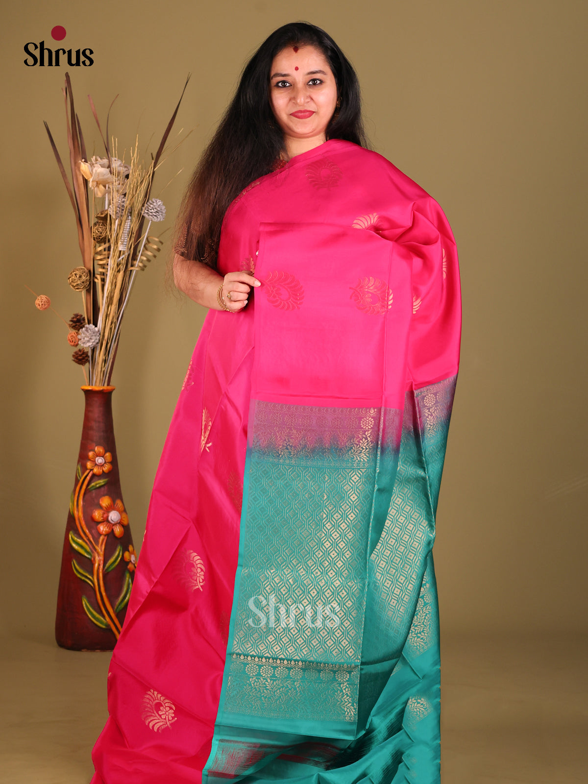 Pink & green- Softsilk-halfpure Saree