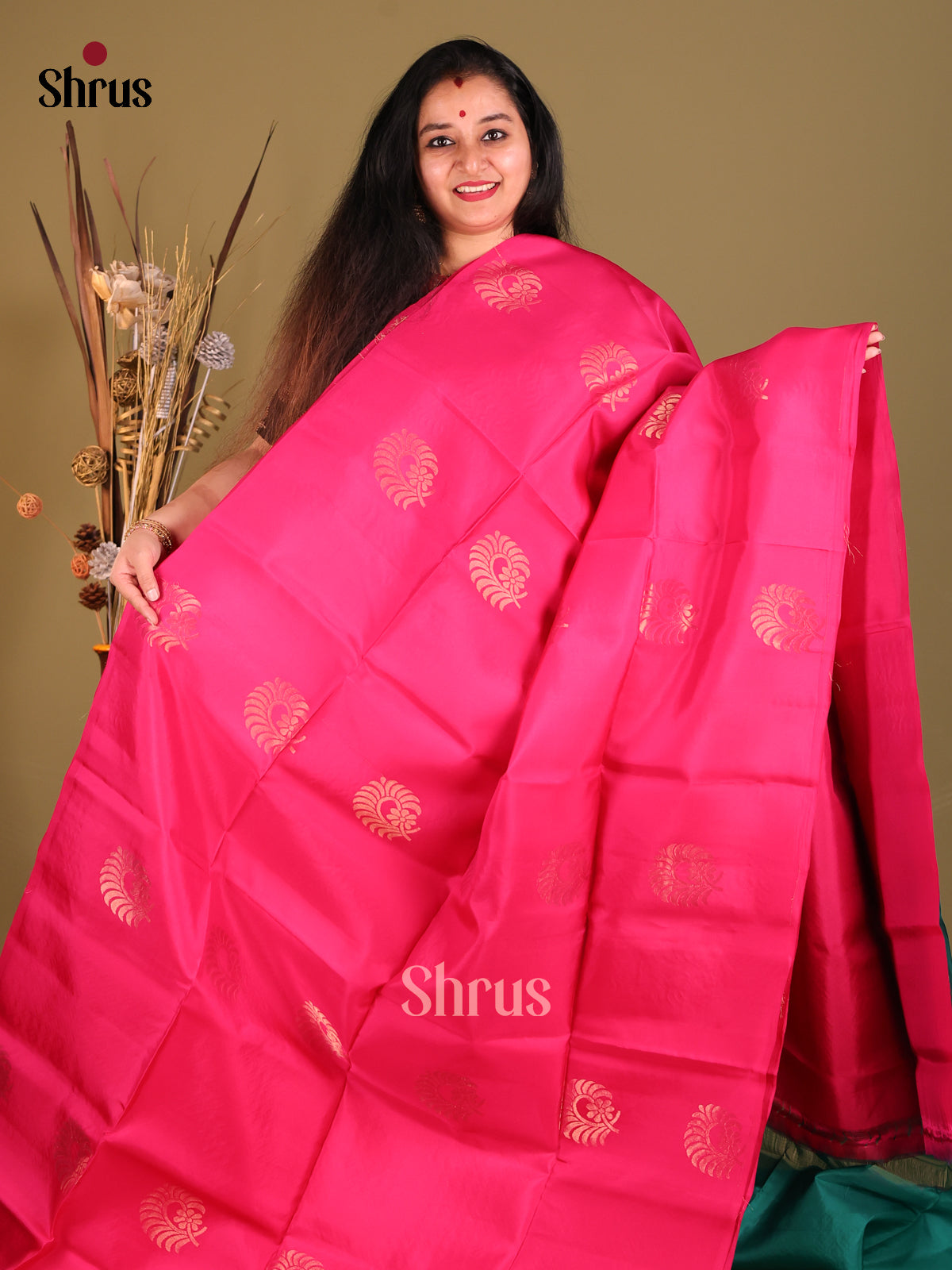 Pink & green- Softsilk-halfpure Saree 1