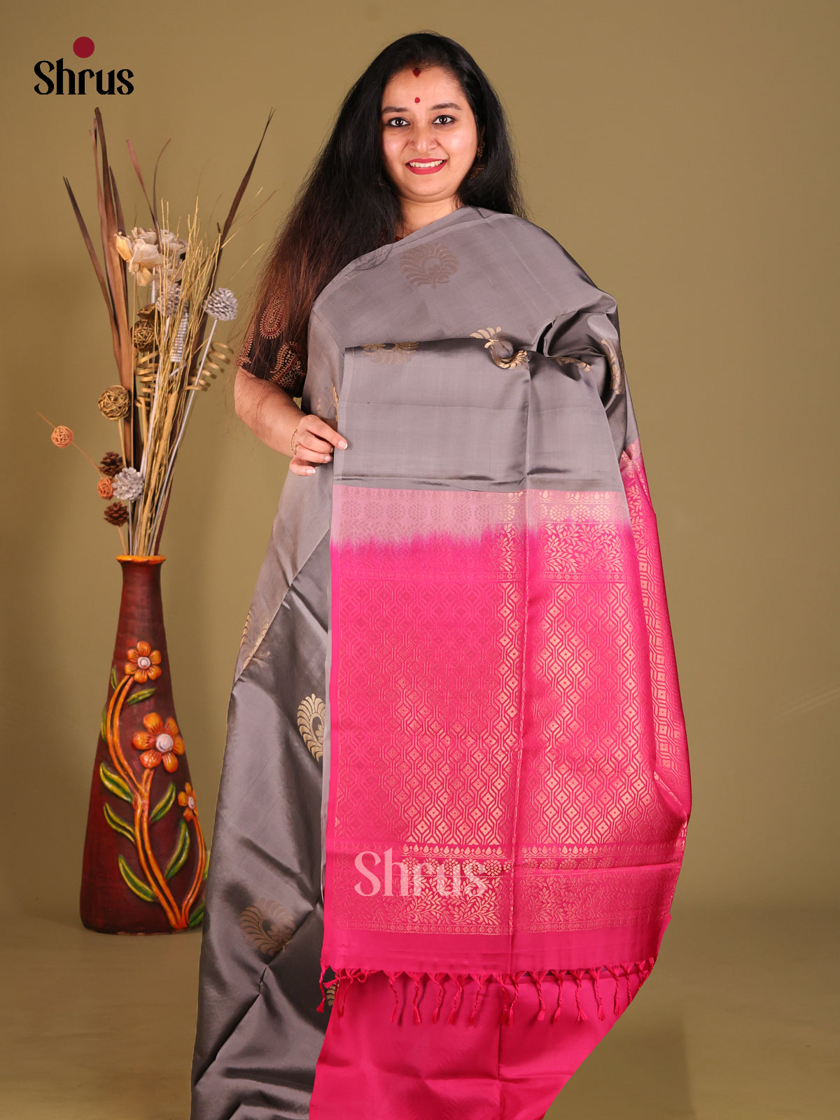 Grey & Pink Softsilk-halfpure Saree