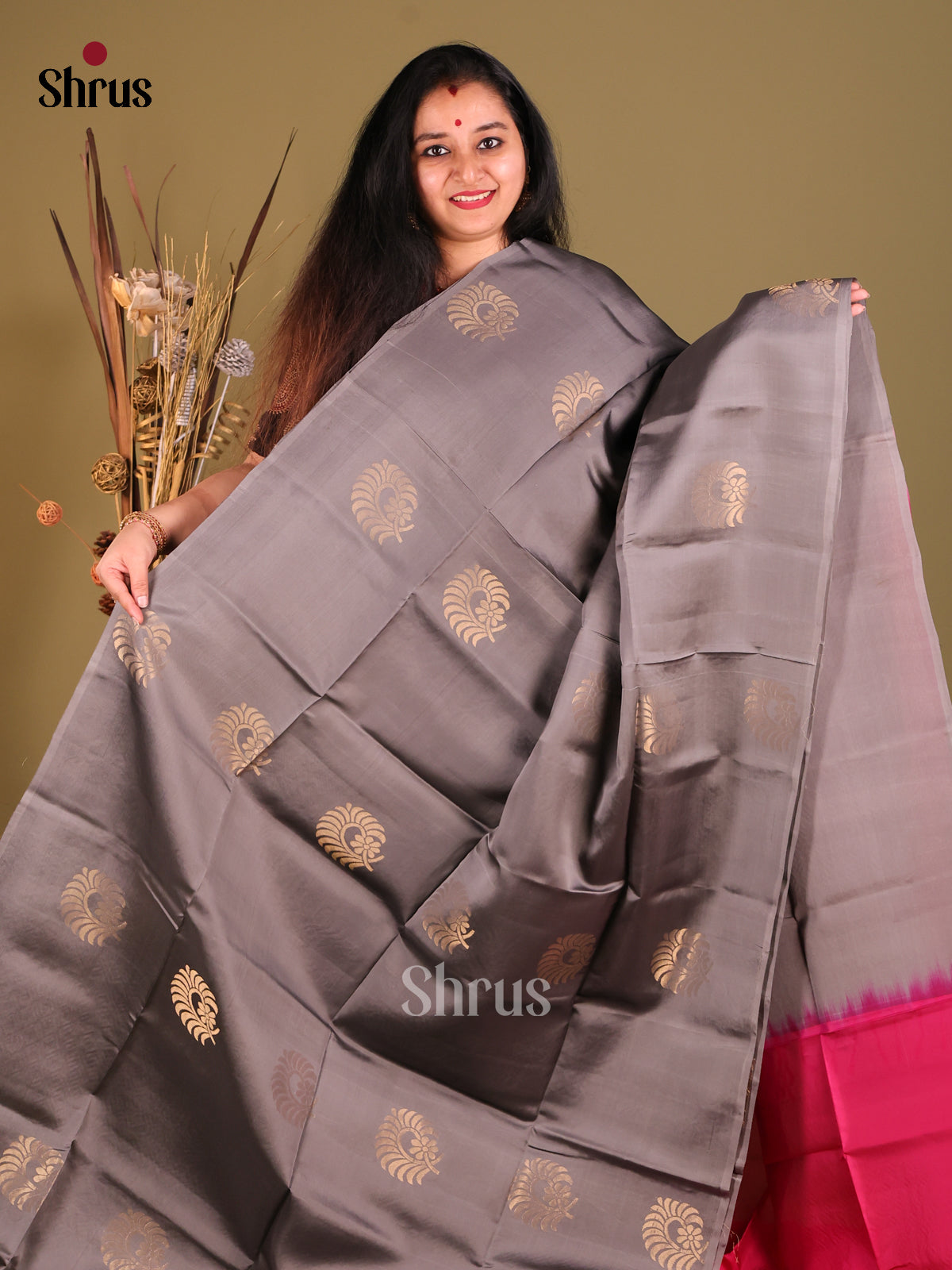 Grey & Pink Softsilk-halfpure Saree